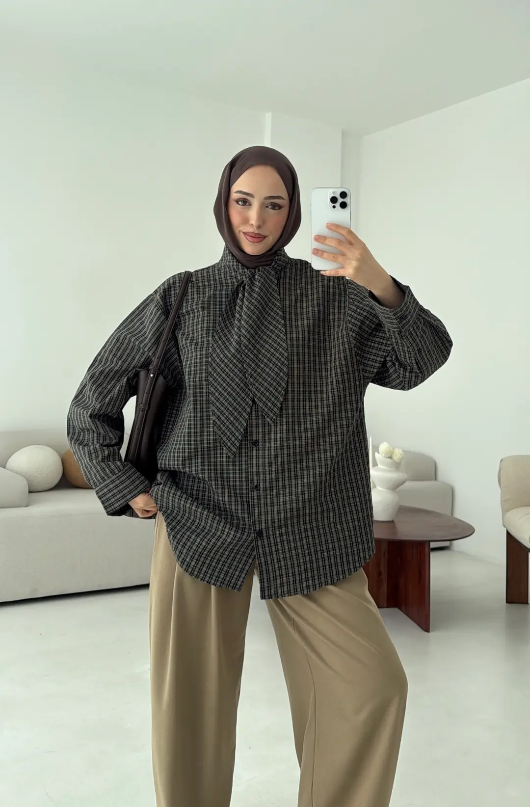 Fular Detay Ekose Gömlek Yeşil - Görsel 7