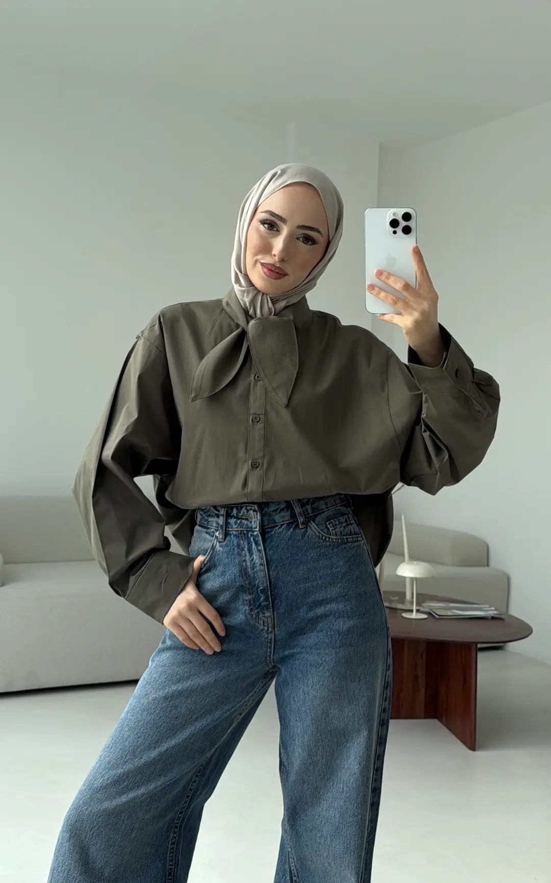 Fular Detay Gömlek Haki - Görsel 2