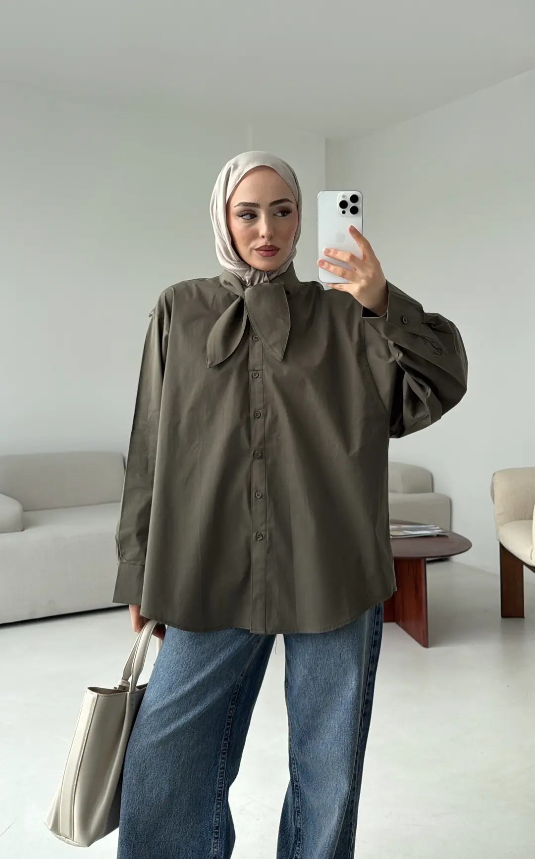 Fular Detay Gömlek Haki - Görsel 5