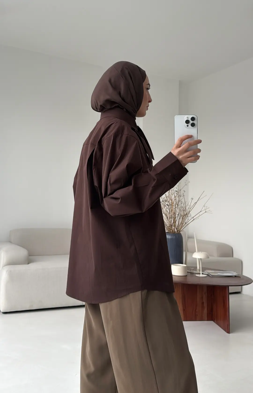 Fular Detay Gömlek Kahve - Görsel 3