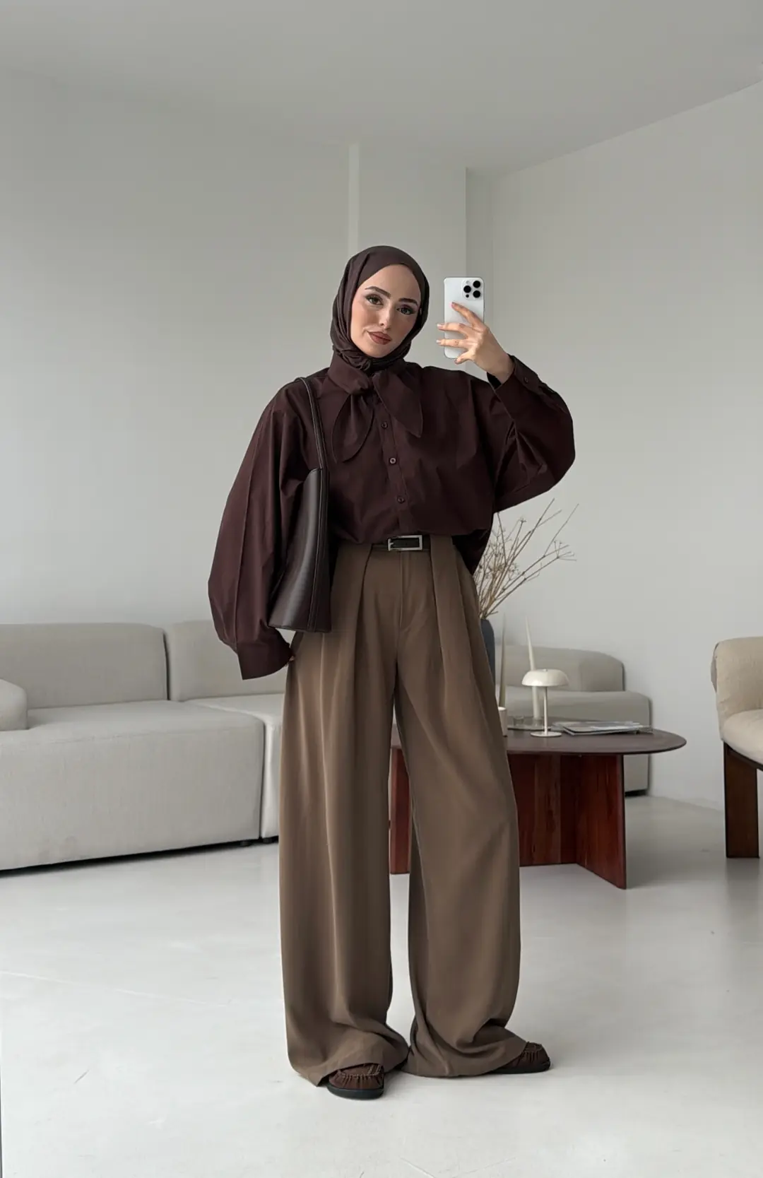 Fular Detay Gömlek Kahve - Görsel 7