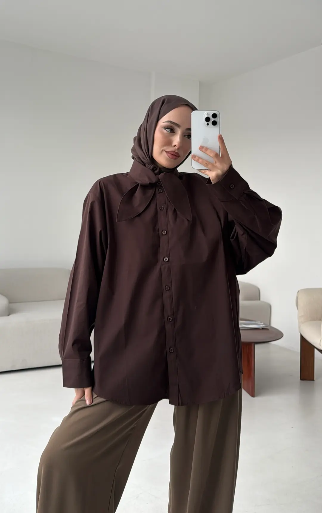 Fular Detay Gömlek Kahve - Görsel 8