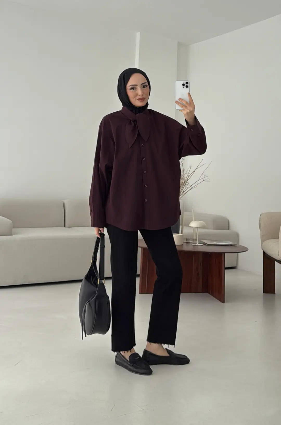 Fular Detay Gömlek Mürdüm - Görsel 3