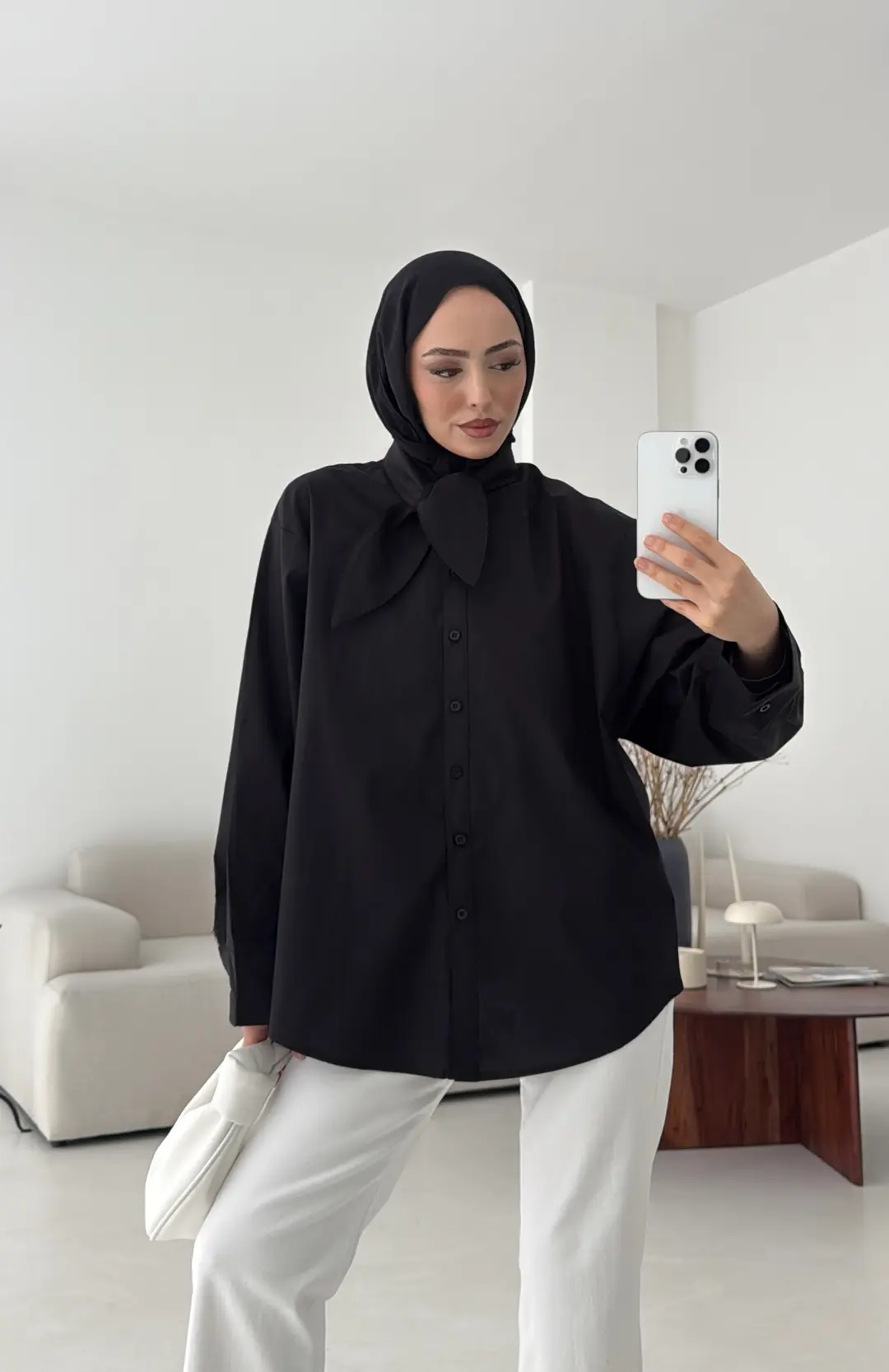 Fular Detay Gömlek Siyah - Görsel 3