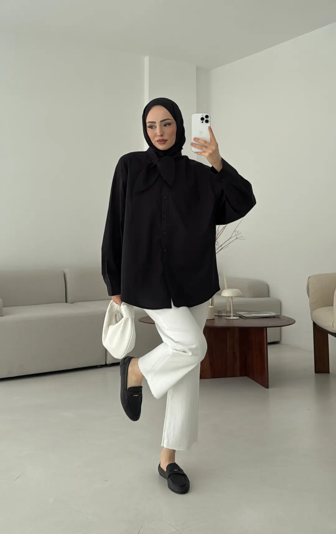 Fular Detay Gömlek Siyah - Görsel 4