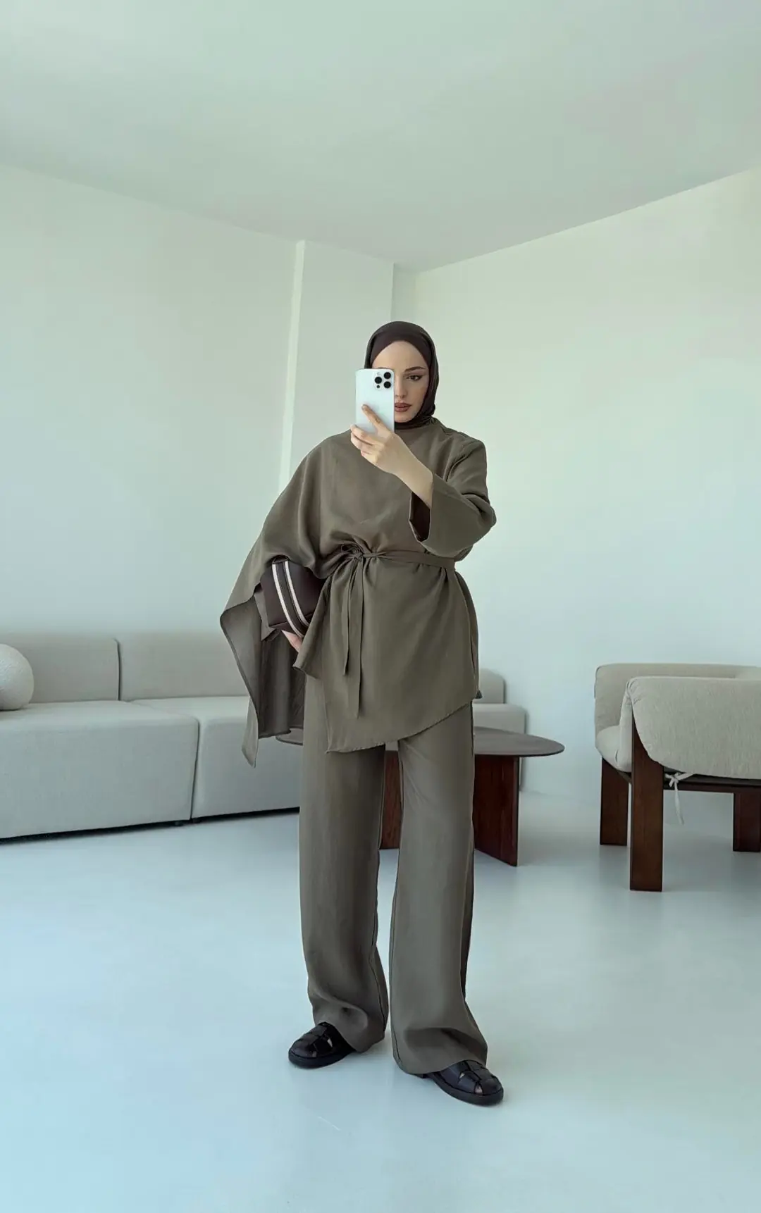 Fular Detay Tunik Takım Kahve - Görsel 4