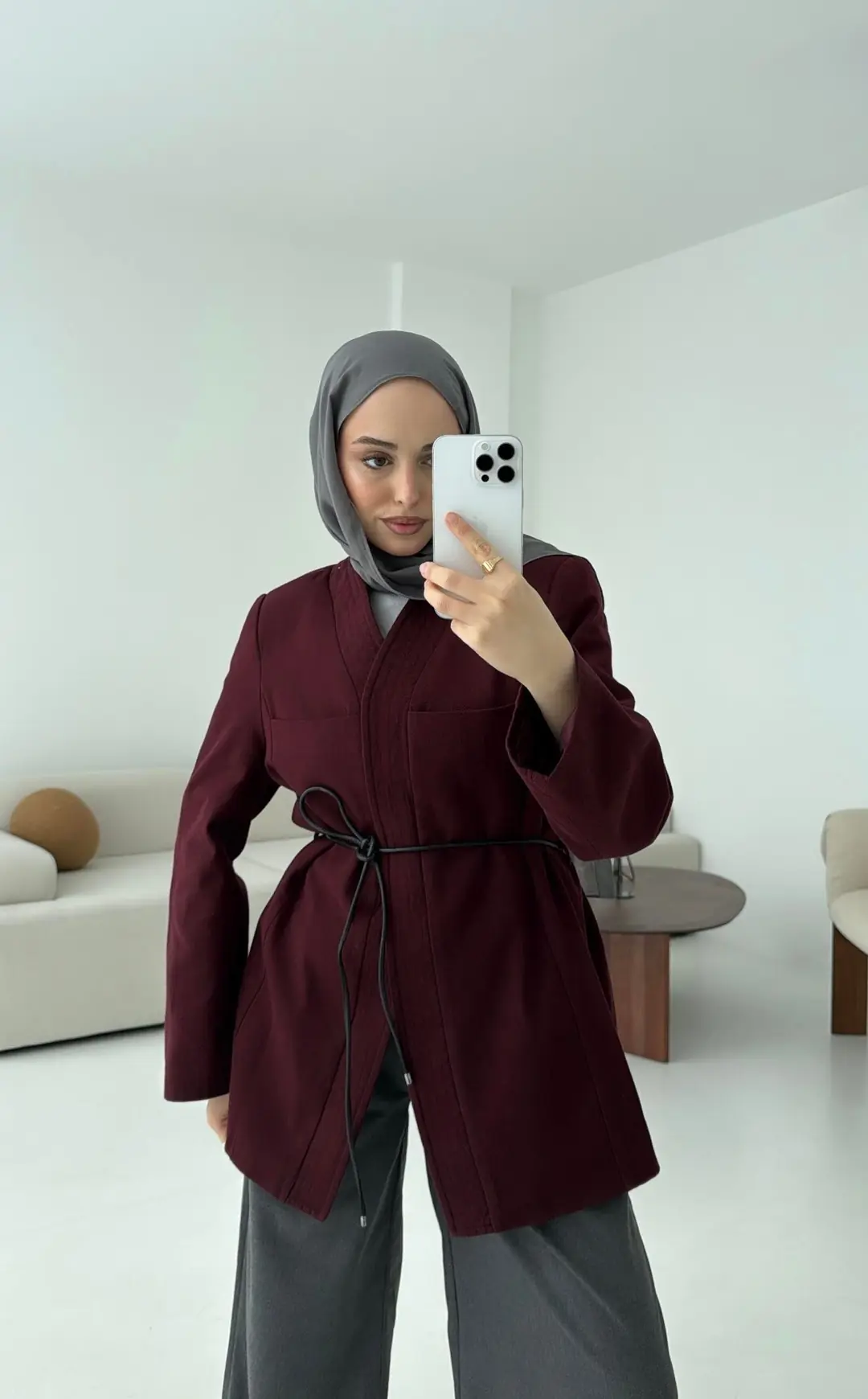 Gabardin Kemerli Ceket Bordo - Görsel 2