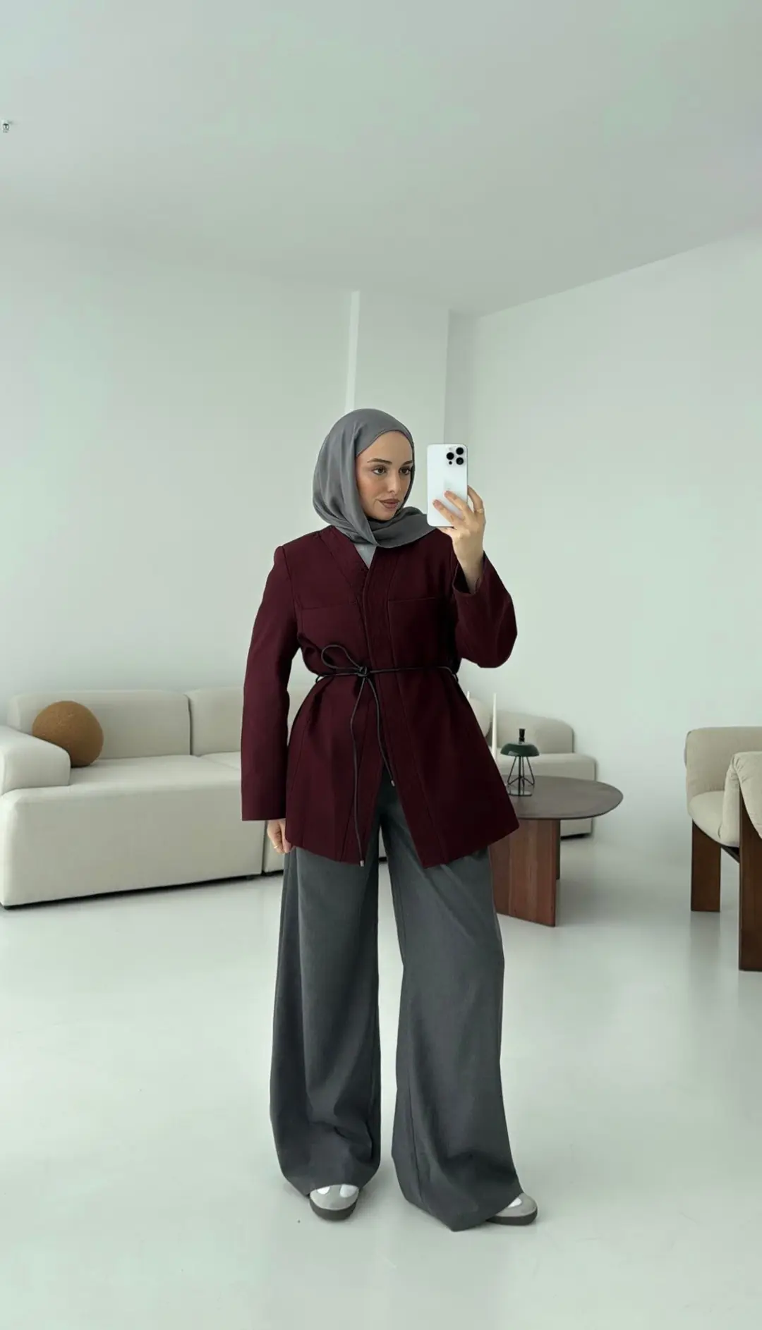 Gabardin Kemerli Ceket Bordo - Görsel 4