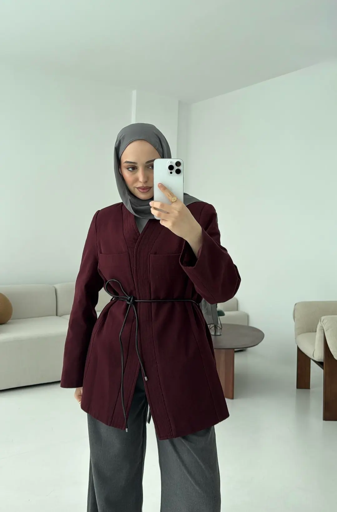 Gabardin Kemerli Ceket Bordo - Görsel 6