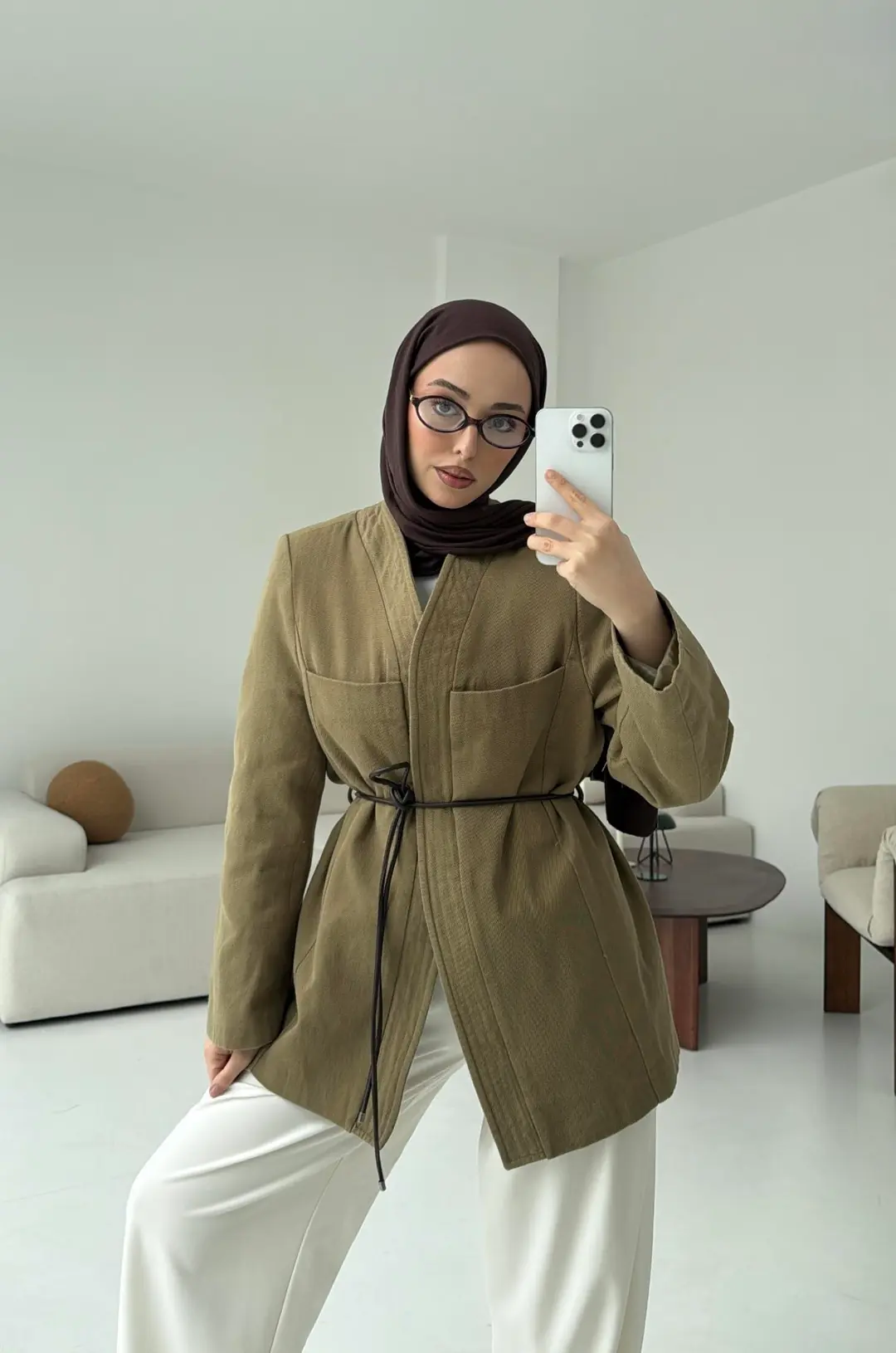 Gabardin Kemerli Ceket Haki