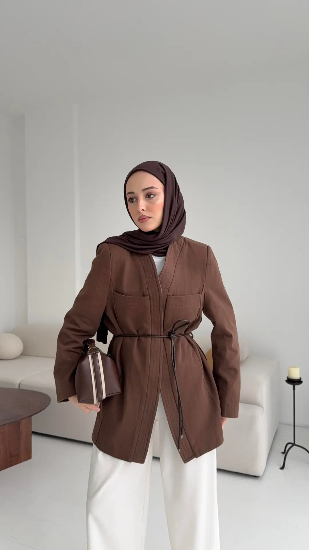 Gabardin Kemerli Ceket Kahve - Görsel 6