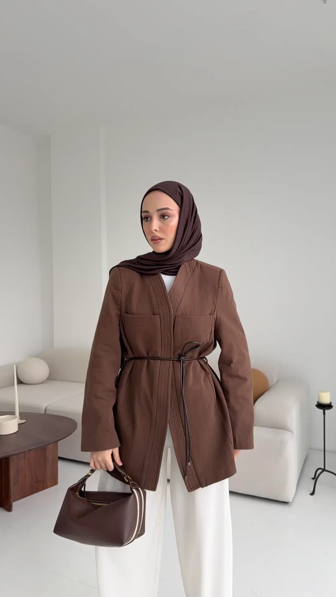 Gabardin Kemerli Ceket Kahve - Görsel 8