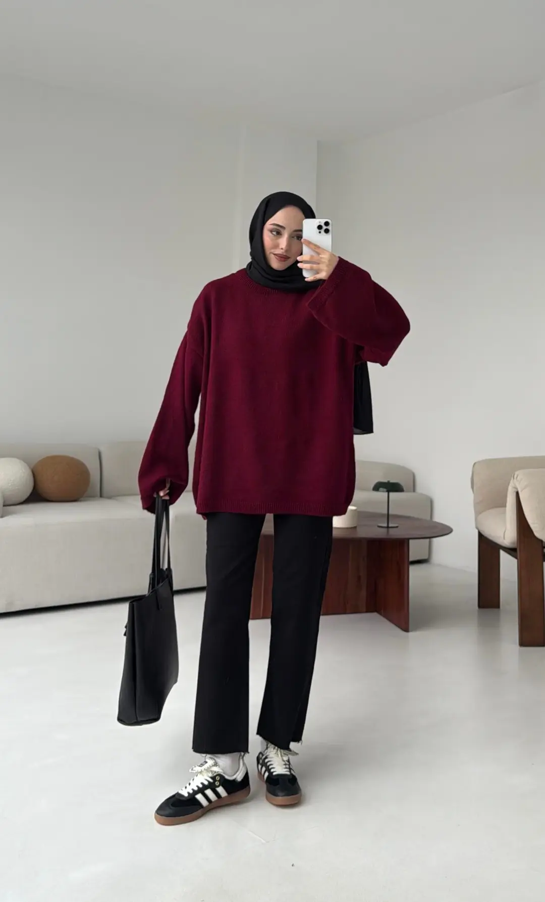 Geniş Kol Basıc Kazak Bordo - Görsel 5