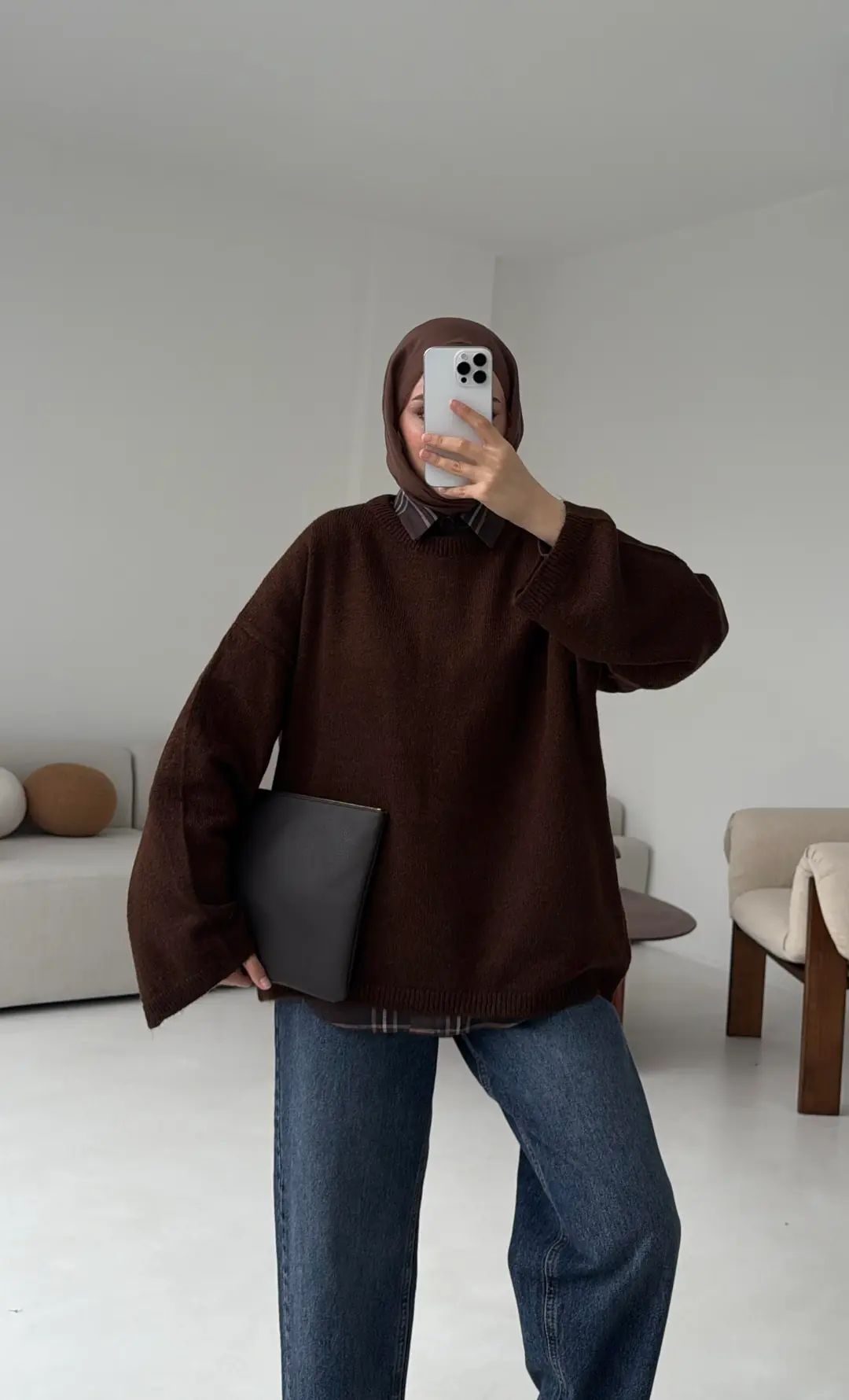 Geniş Kol Basıc Kazak Kahve