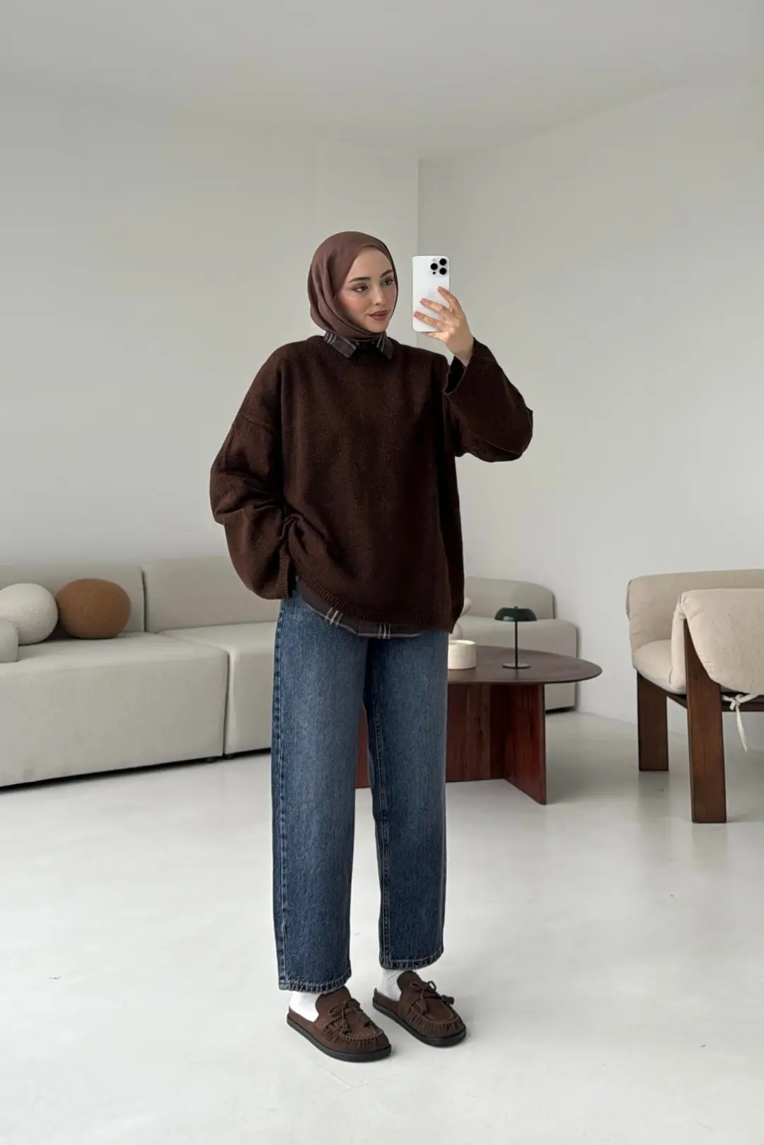 Geniş Kol Basıc Kazak Kahve - Görsel 2