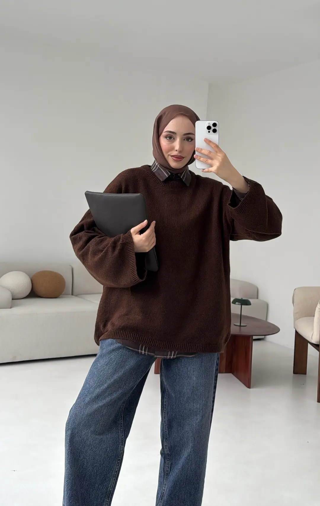 Geniş Kol Basıc Kazak Kahve - Görsel 7