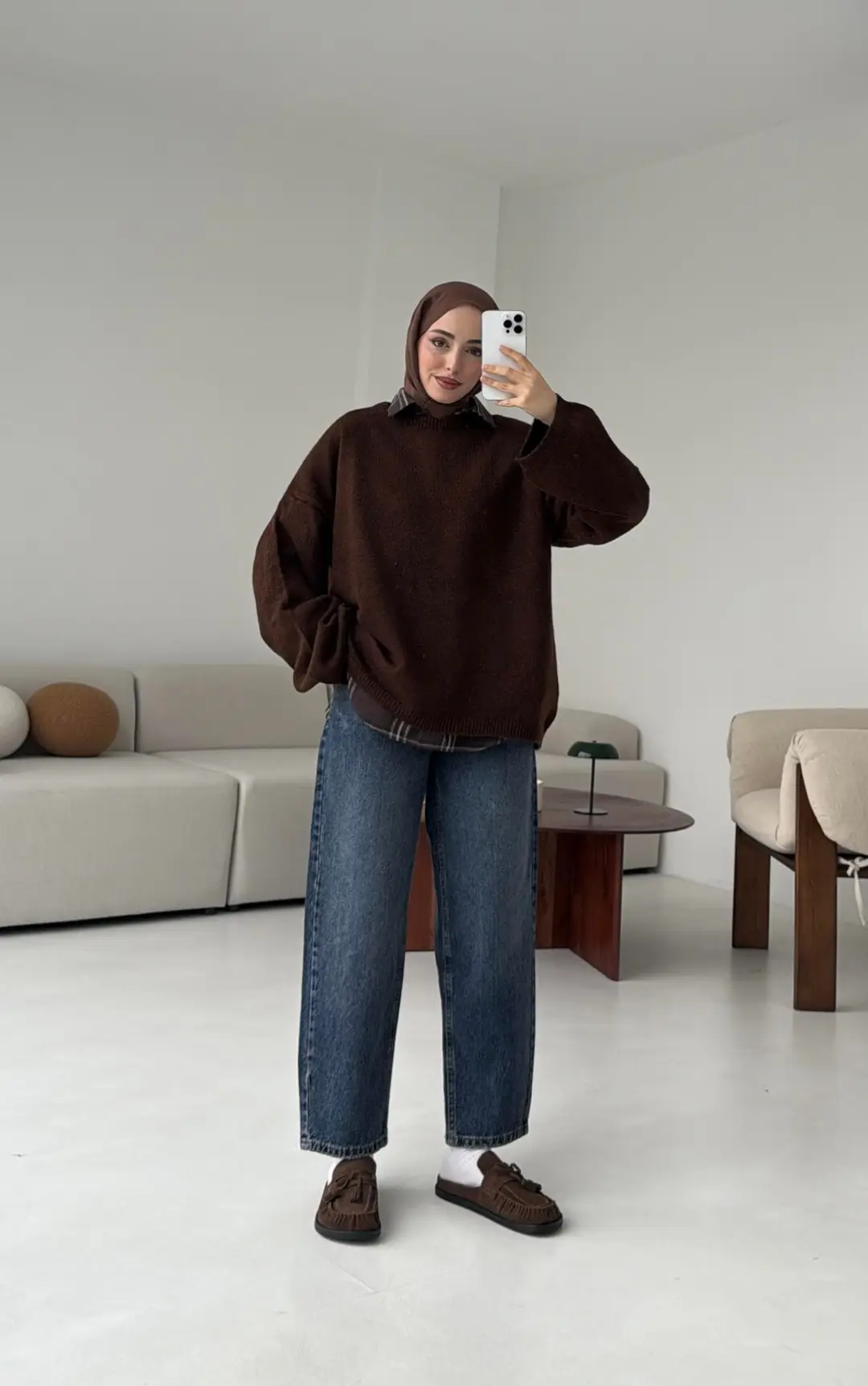 Geniş Kol Basıc Kazak Kahve - Görsel 8