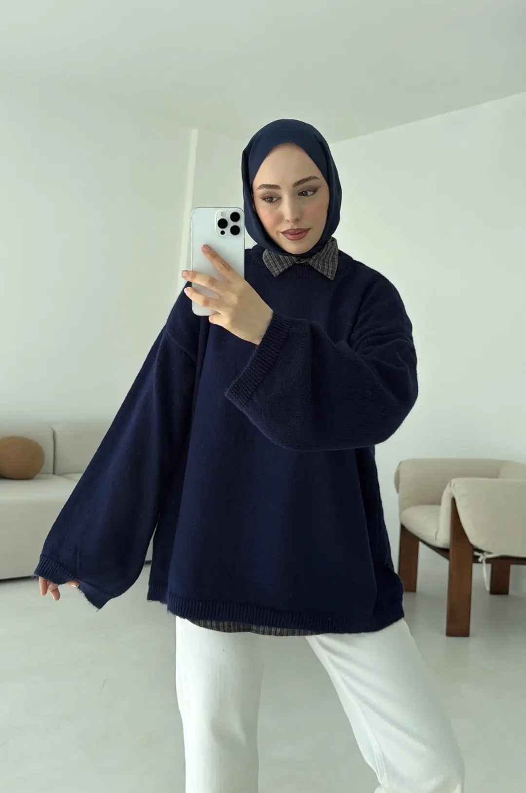 Geniş Kol Basıc Kazak Lacivert - Görsel 4