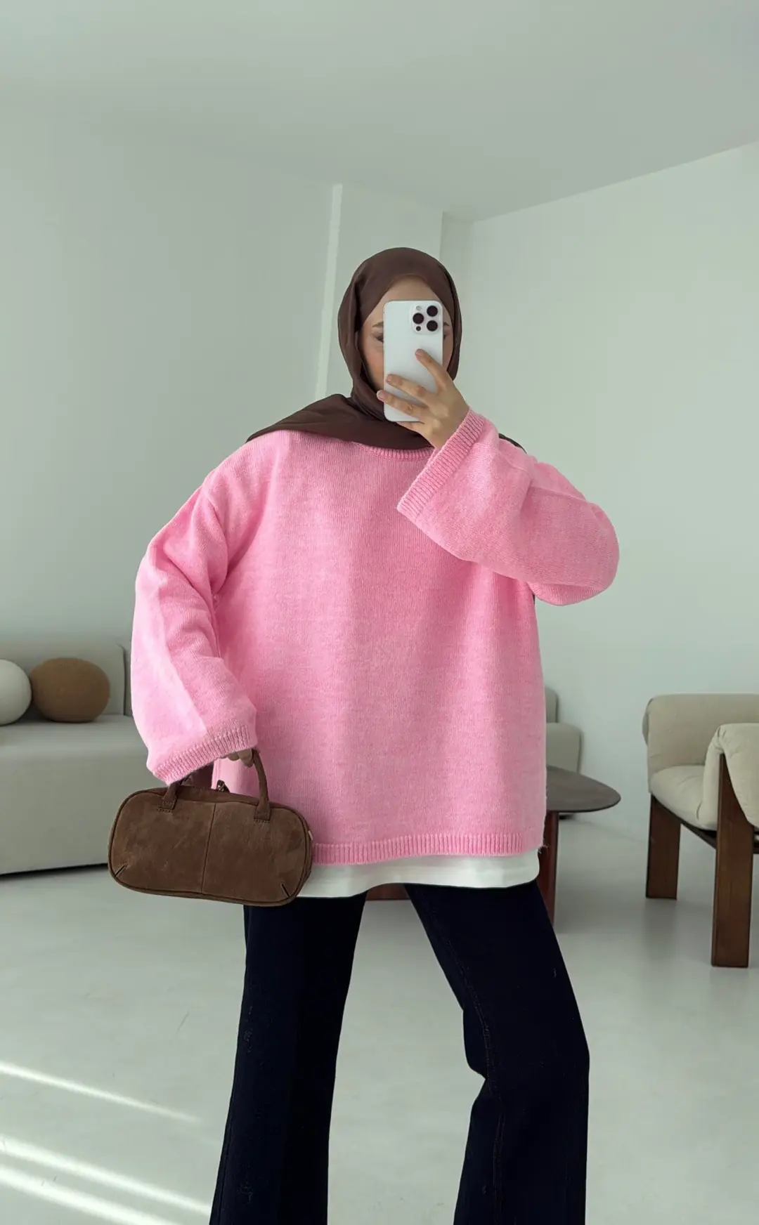 Geniş Kol Basıc Kazak Pembe