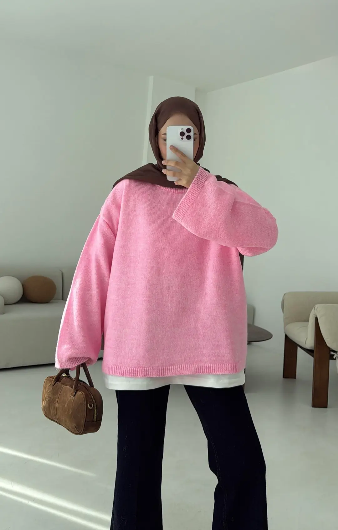 Geniş Kol Basıc Kazak Pembe - Görsel 5