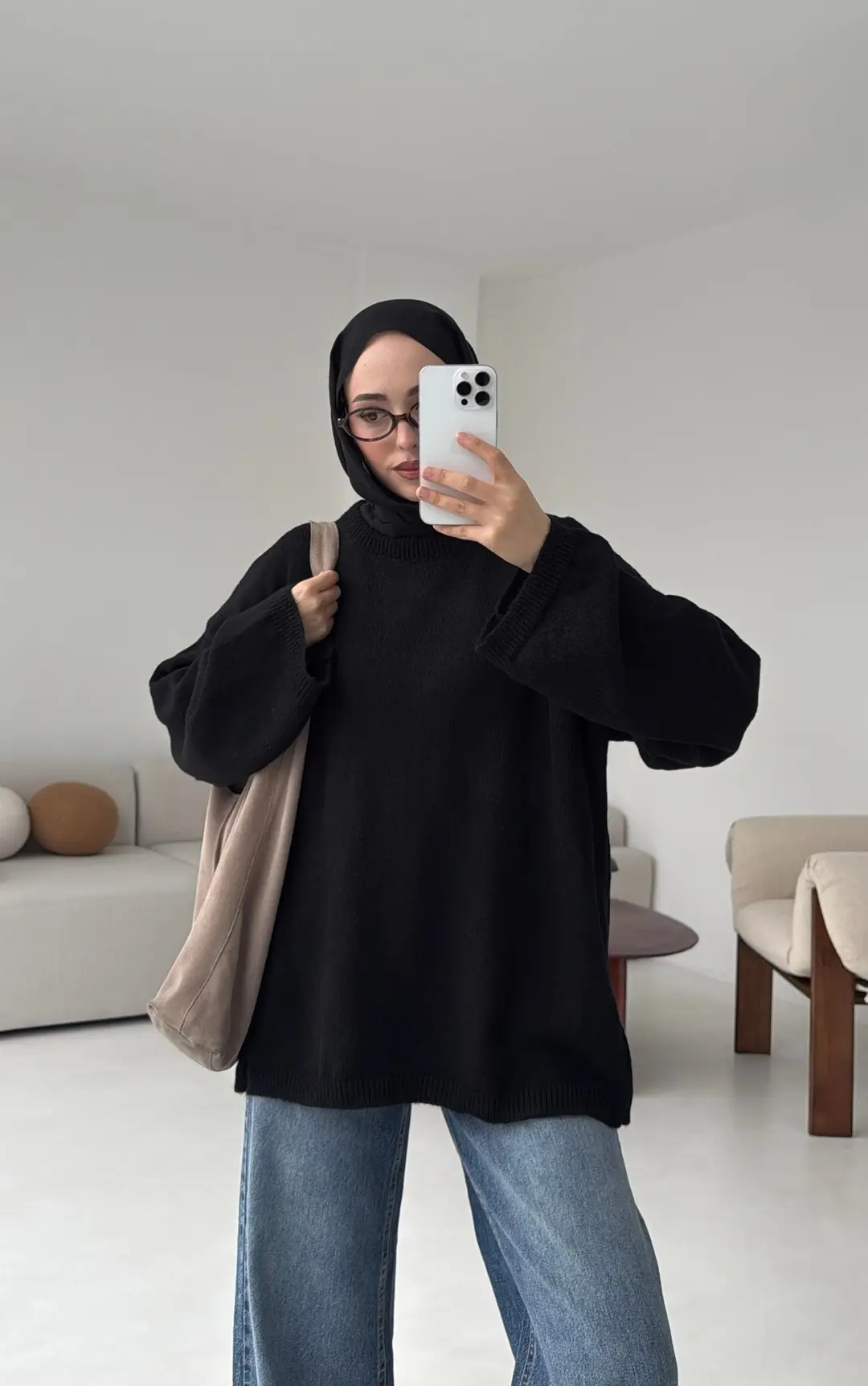 Geniş Kol Basıc Kazak Siyah - Görsel 5