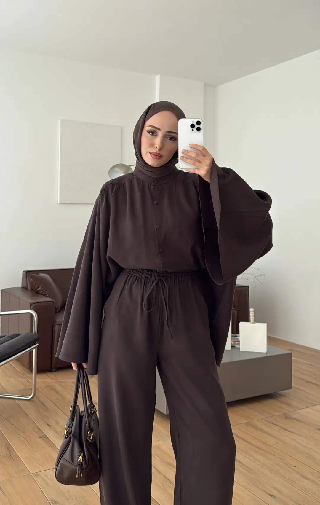 Geniş Kol Büzgülü Takım Kahve - Görsel 3