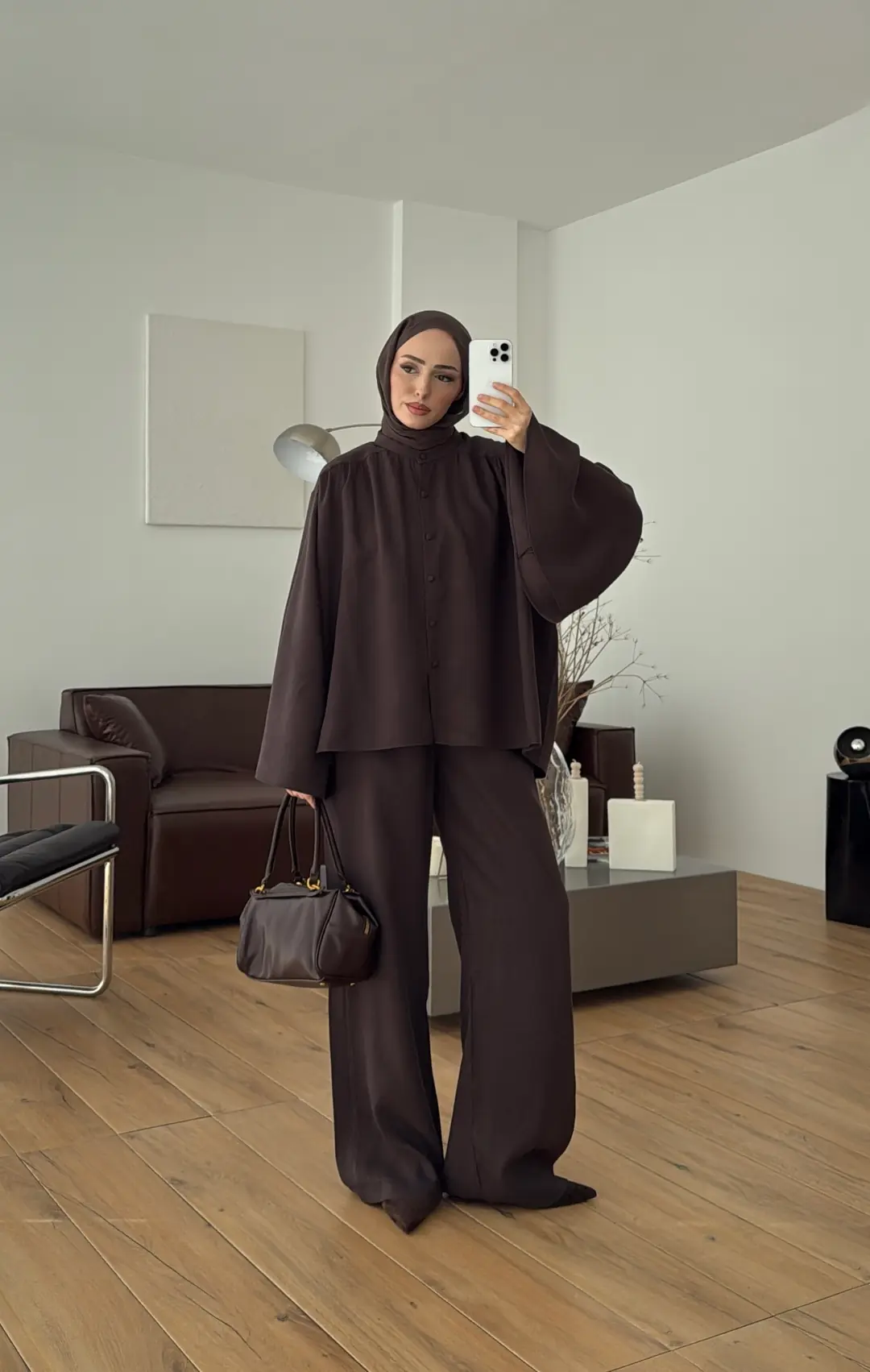 Geniş Kol Büzgülü Takım Kahve - Görsel 4