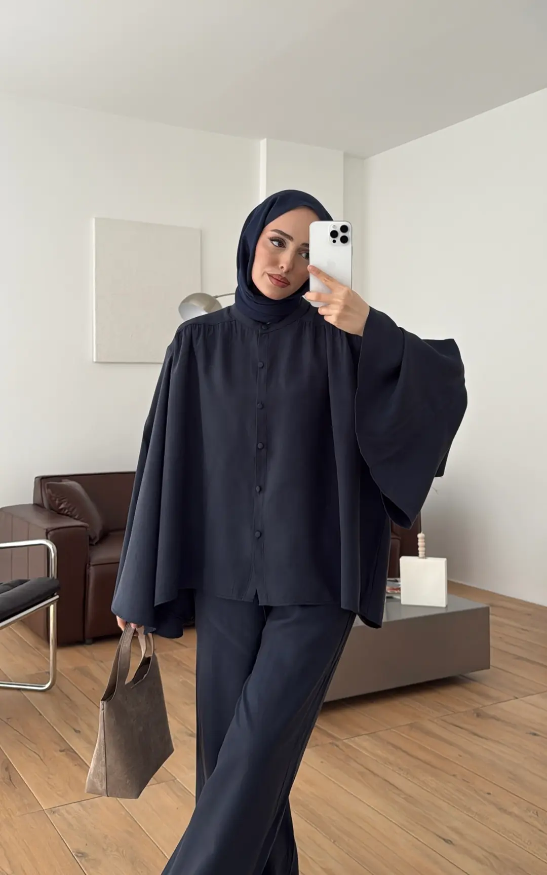 Geniş Kol Büzgülü Takım Lacivert - Görsel 5