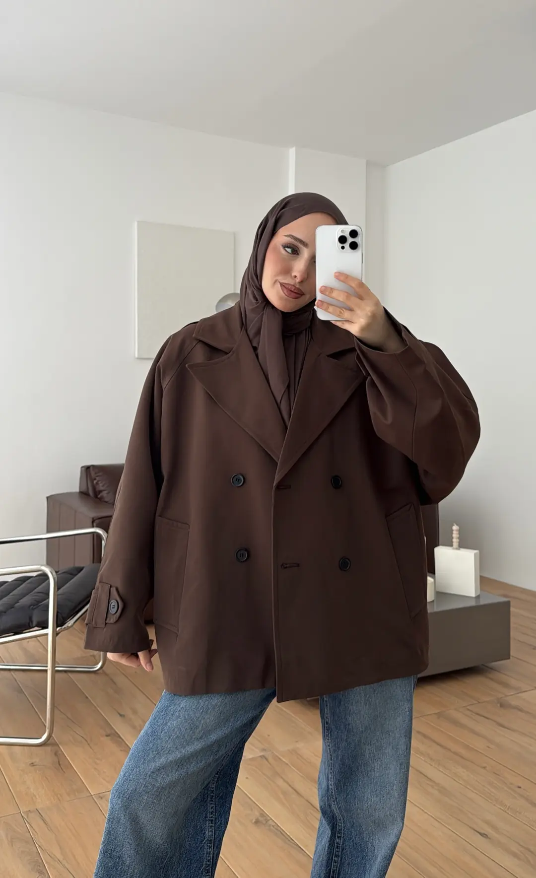 Geniş Kol Oversize Trençkot Kahve - Görsel 6