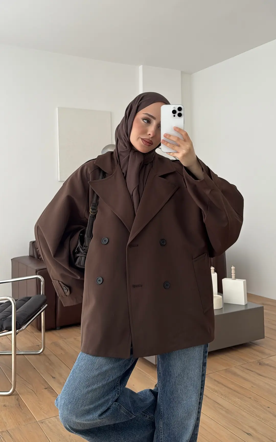 Geniş Kol Oversize Trençkot Kahve - Görsel 7