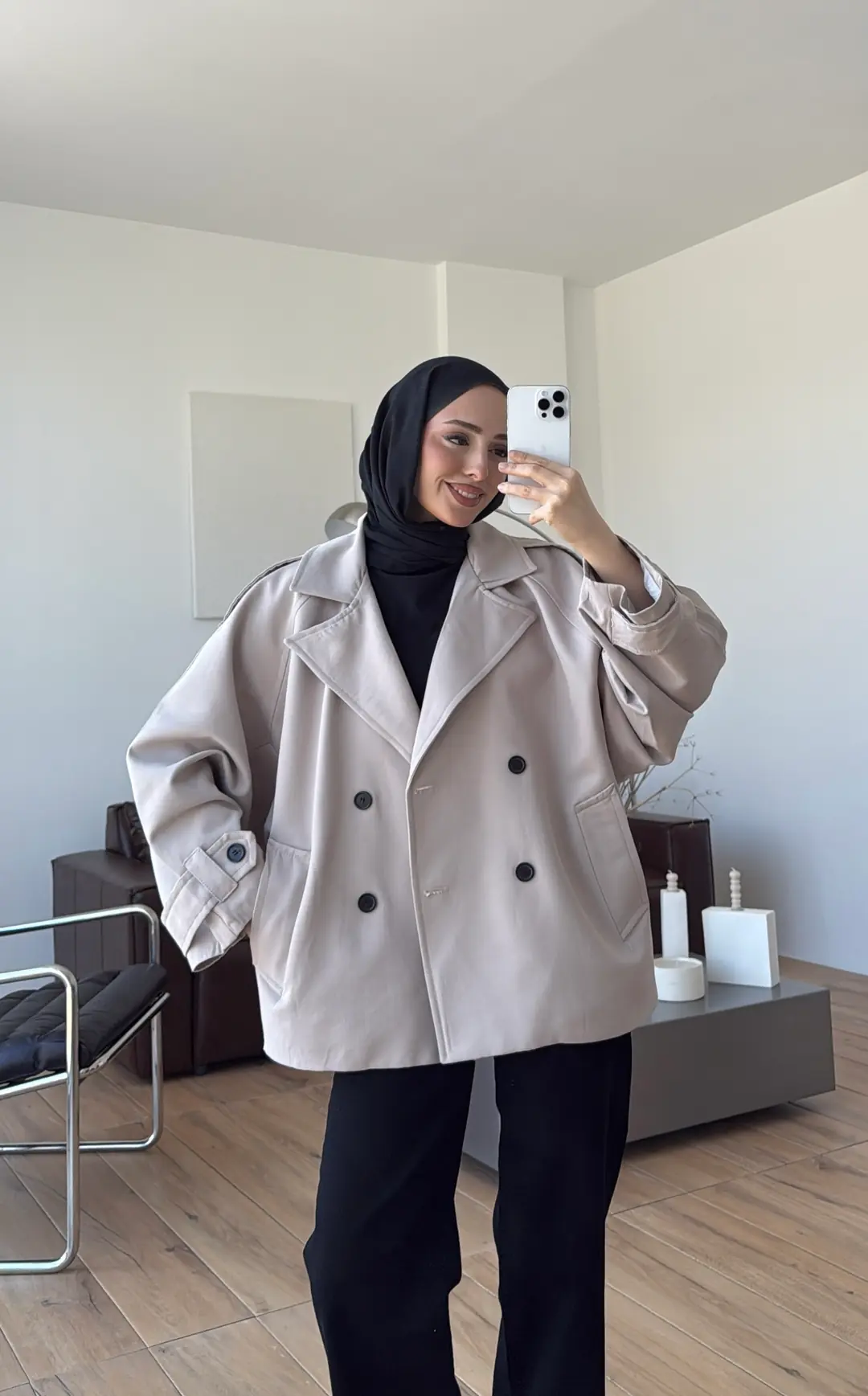 Geniş Kol Oversize Trençkot Taş - Görsel 3