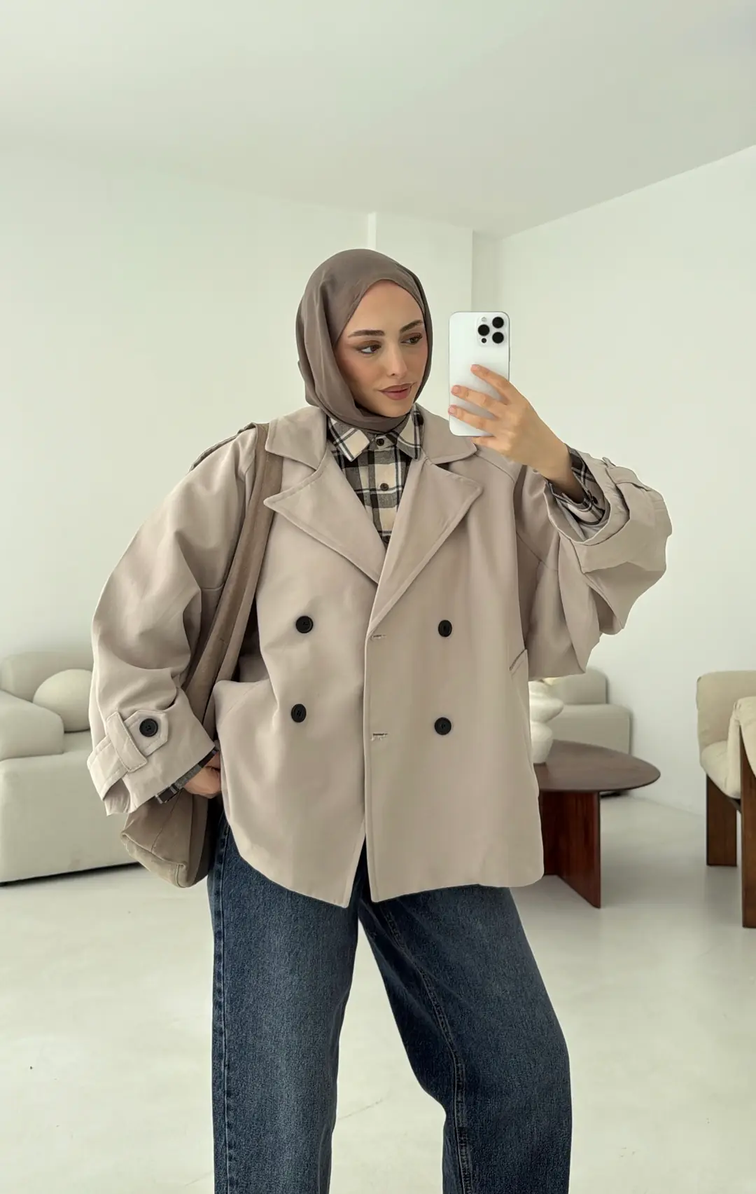 Geniş Kol Oversize Trençkot Taş - Görsel 2