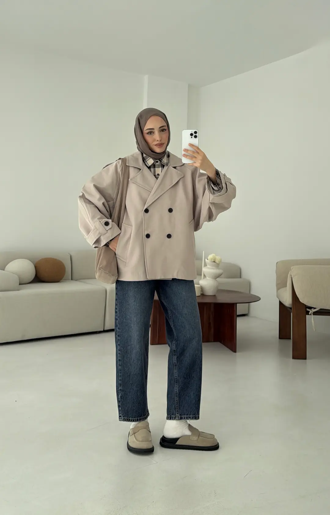 Geniş Kol Oversize Trençkot Taş - Görsel 3