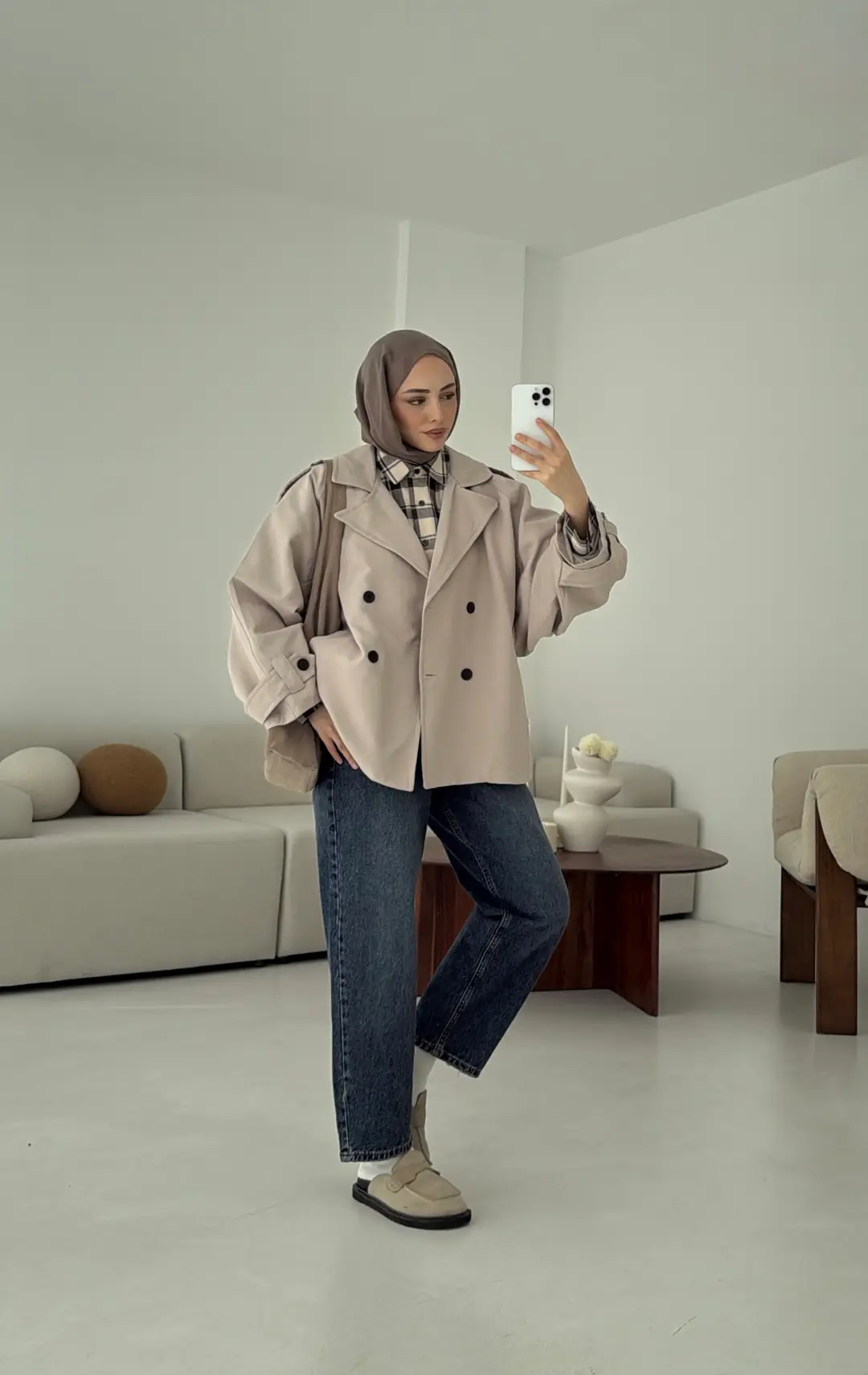 Geniş Kol Oversize Trençkot Taş - Görsel 6