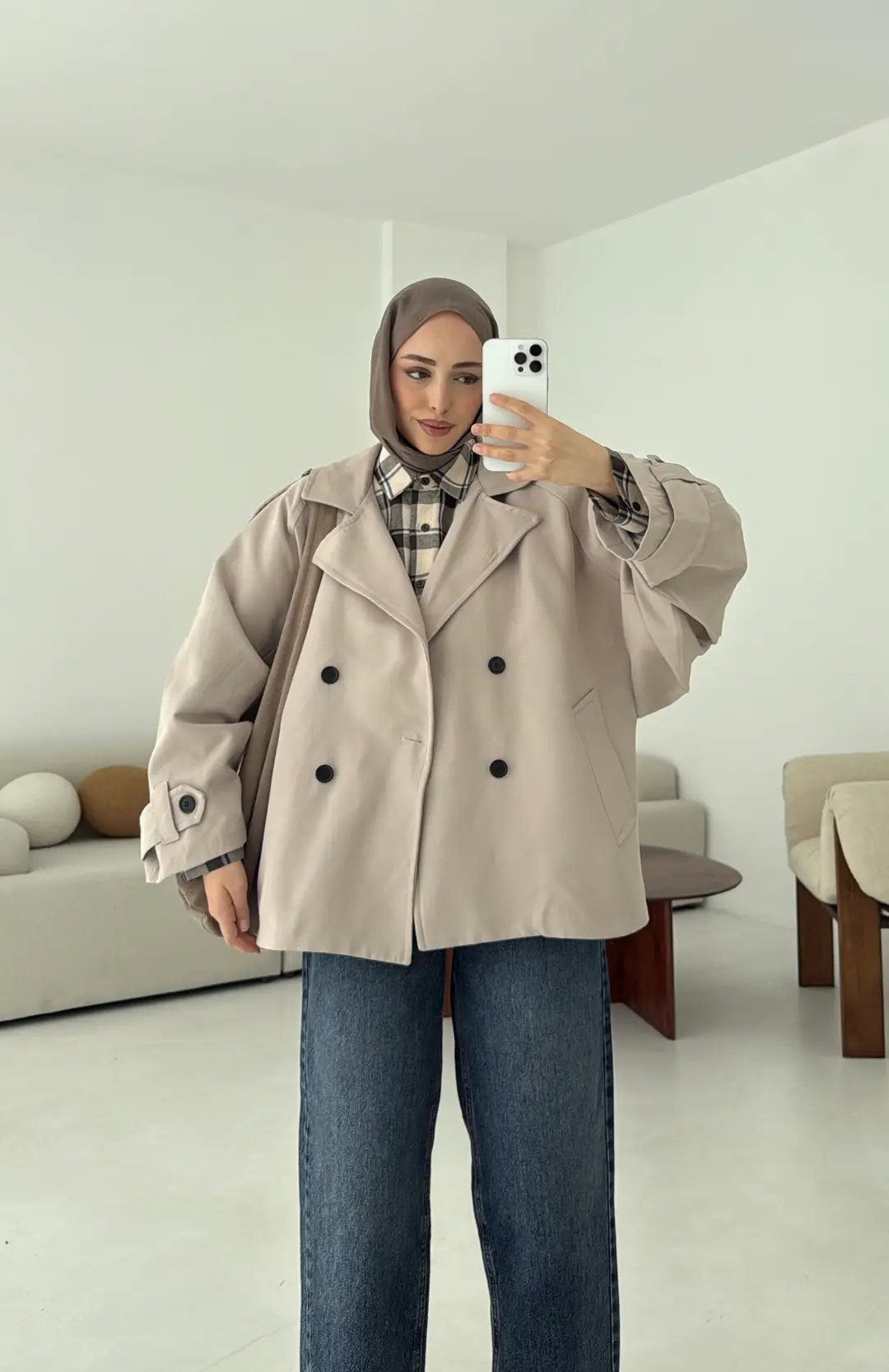 Geniş Kol Oversize Trençkot Taş - Görsel 8