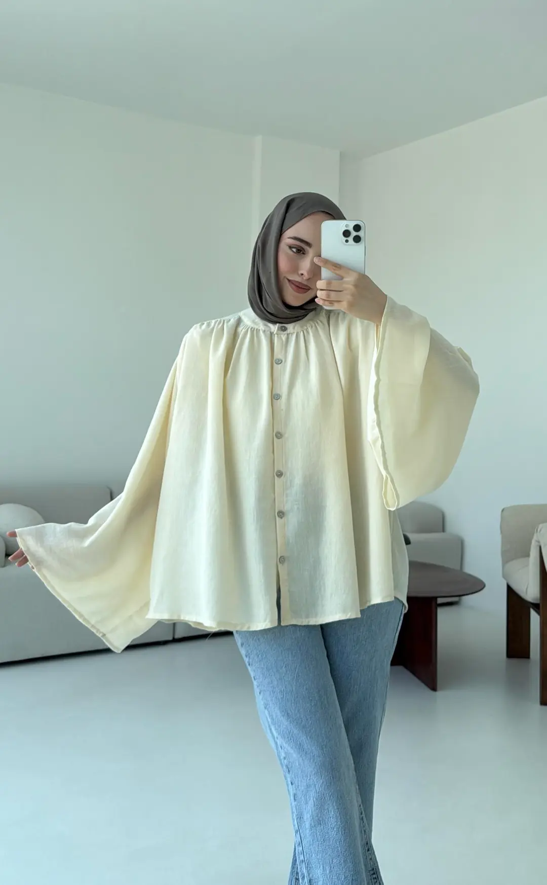 Geniş Kol Tasarım Keten Gömlek Krem - Görsel 2