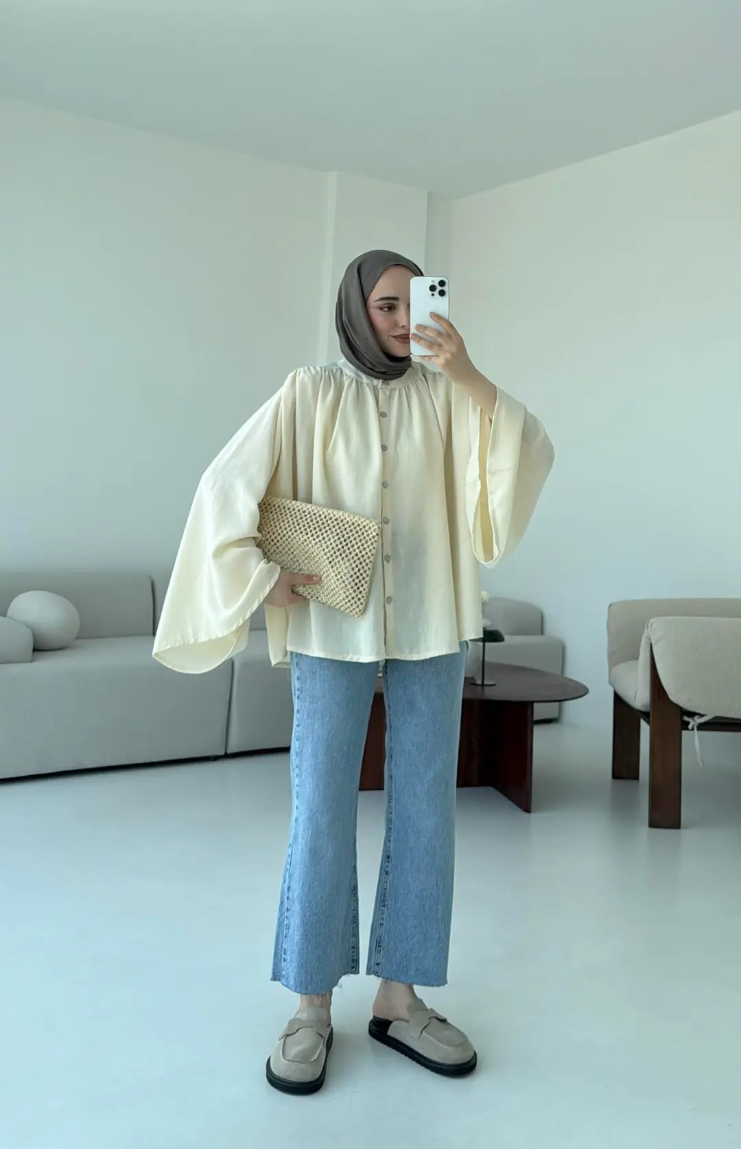 Geniş Kol Tasarım Keten Gömlek Krem - Görsel 3