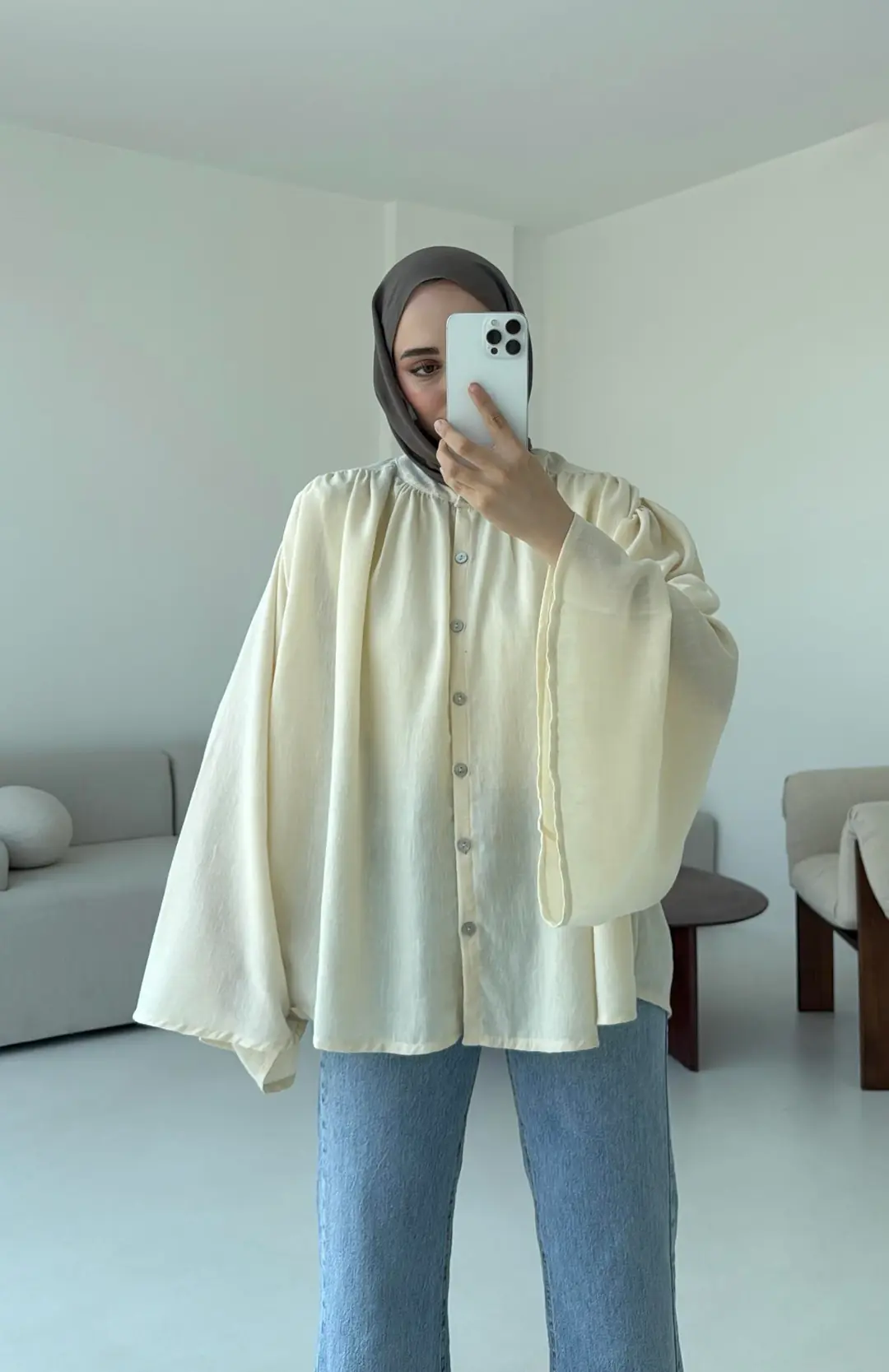 Geniş Kol Tasarım Keten Gömlek Krem - Görsel 4