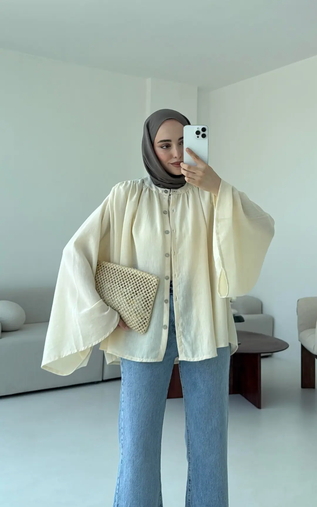 Geniş Kol Tasarım Keten Gömlek Krem - Görsel 8