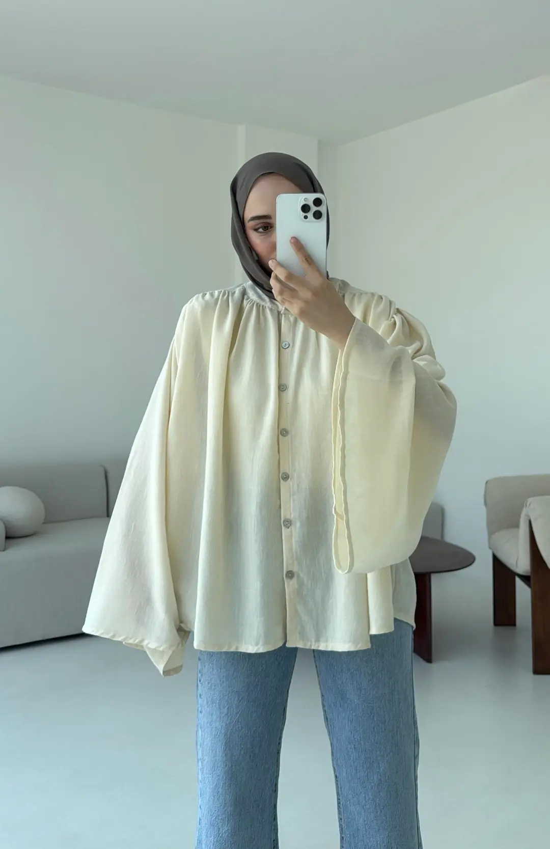 Geniş Kol Tasarım Keten Gömlek Krem - Görsel 4