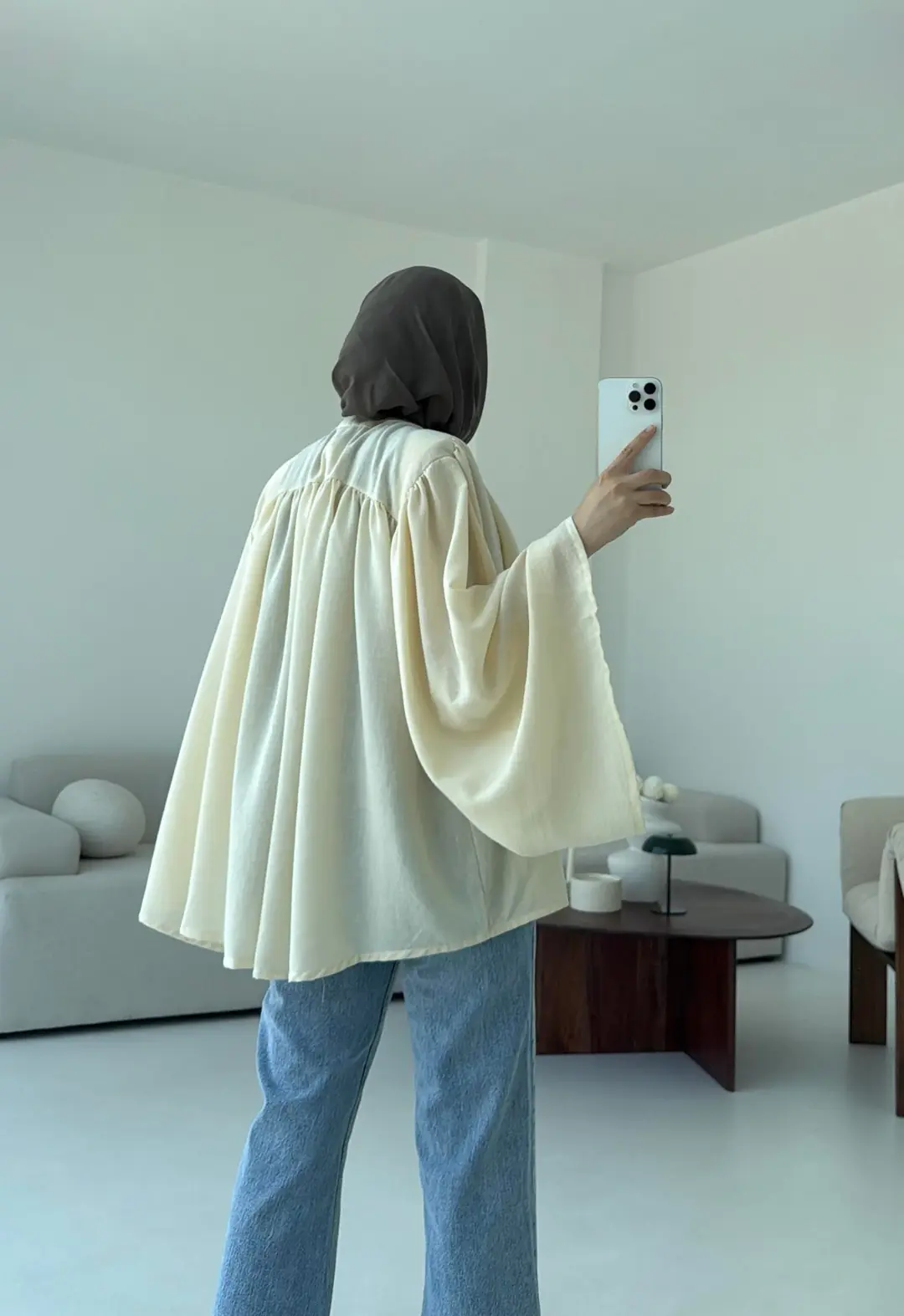 Geniş Kol Tasarım Keten Gömlek Krem - Görsel 7