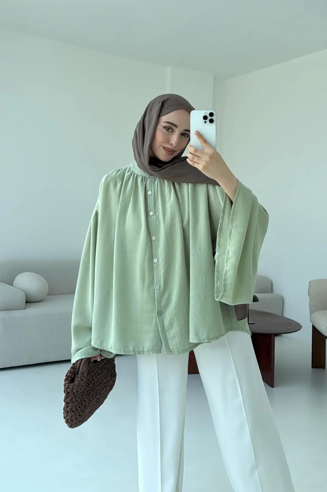 Geniş Kol Tasarım Keten Gömlek Tozlu Yeşil - Görsel 2