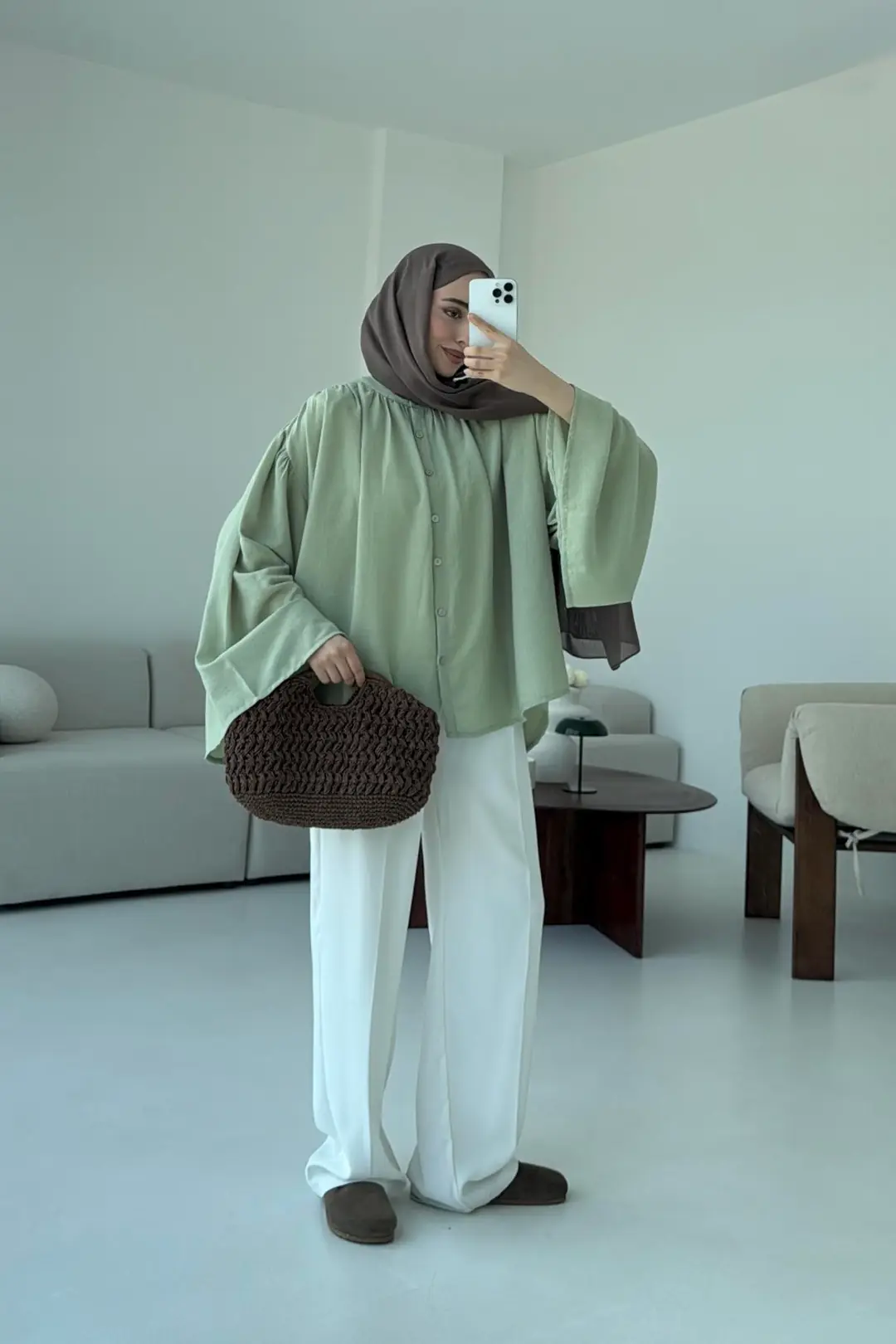 Geniş Kol Tasarım Keten Gömlek Tozlu Yeşil - Görsel 3