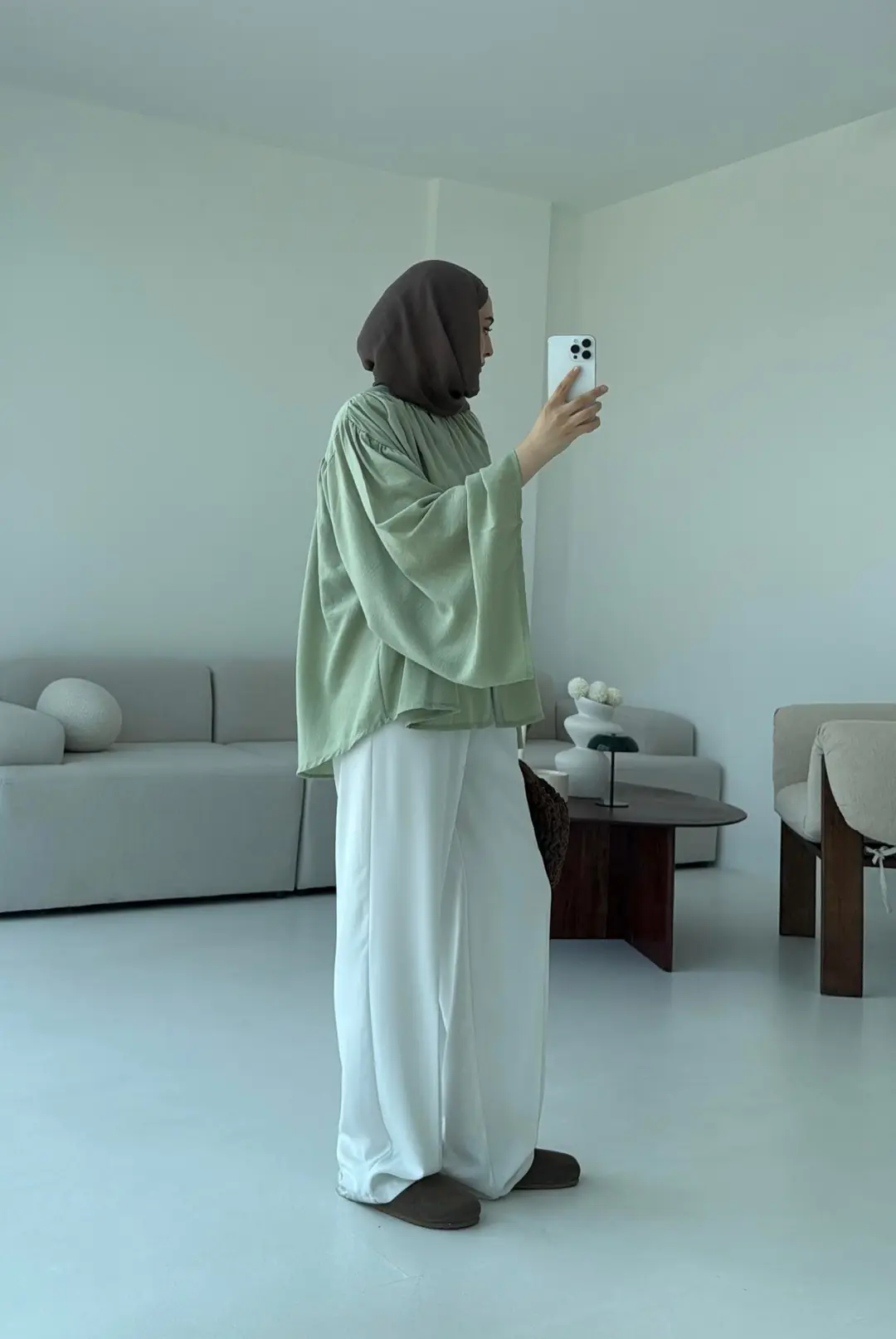 Geniş Kol Tasarım Keten Gömlek Tozlu Yeşil - Görsel 6