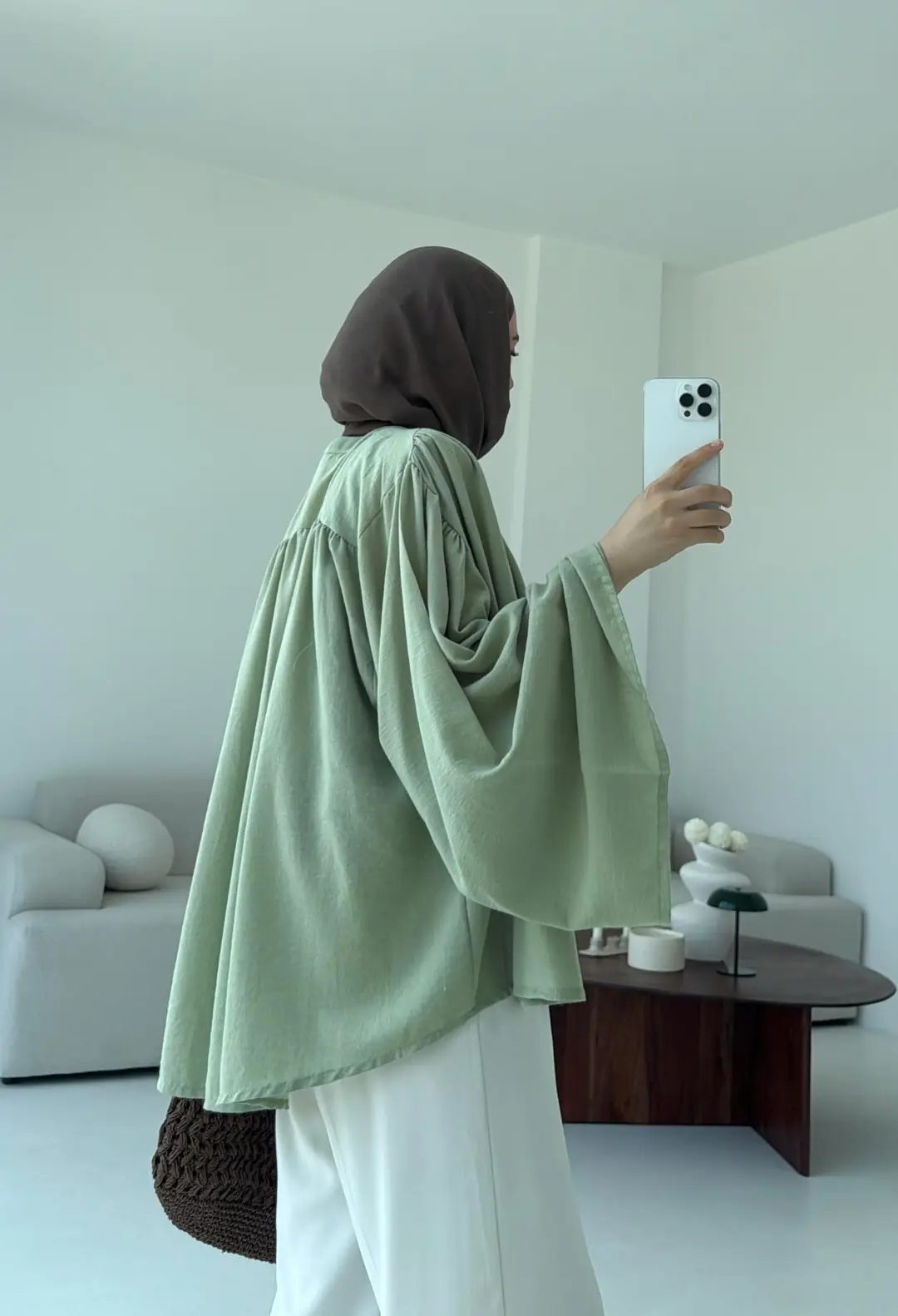 Geniş Kol Tasarım Keten Gömlek Tozlu Yeşil