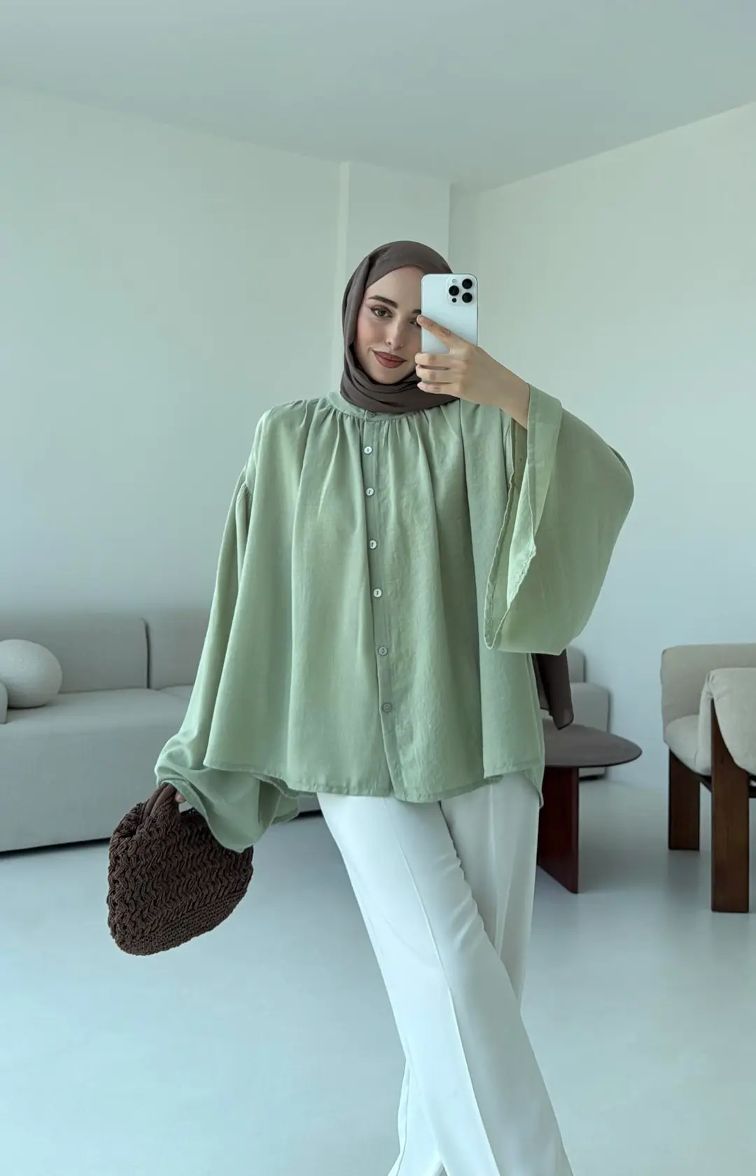 Geniş Kol Tasarım Keten Gömlek Tozlu Yeşil - Görsel 4