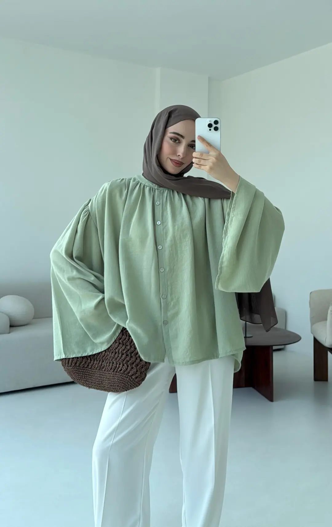 Geniş Kol Tasarım Keten Gömlek Tozlu Yeşil - Görsel 8