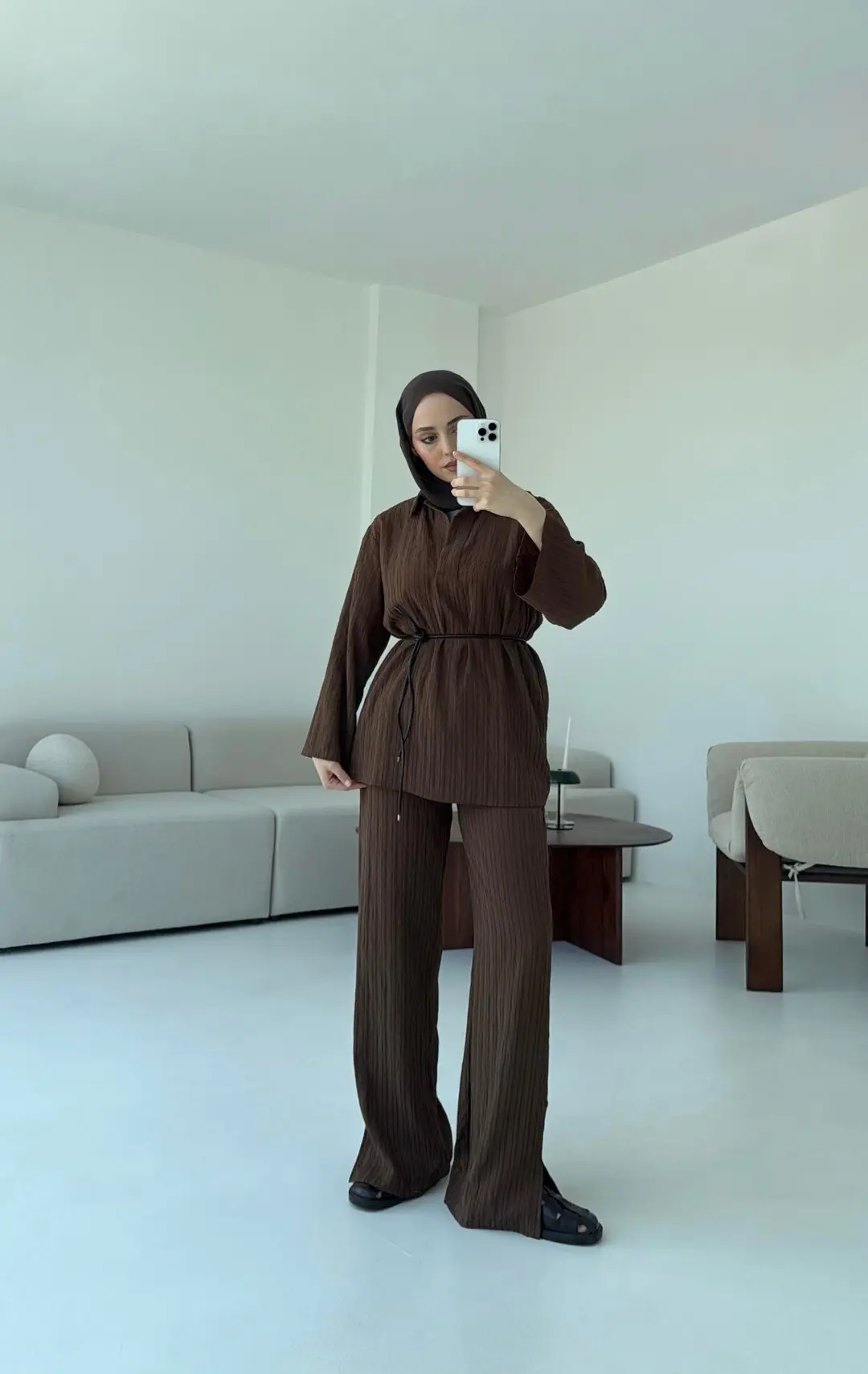 Geniş Yakalı Patlı Bluz Takım Kahve - Görsel 3