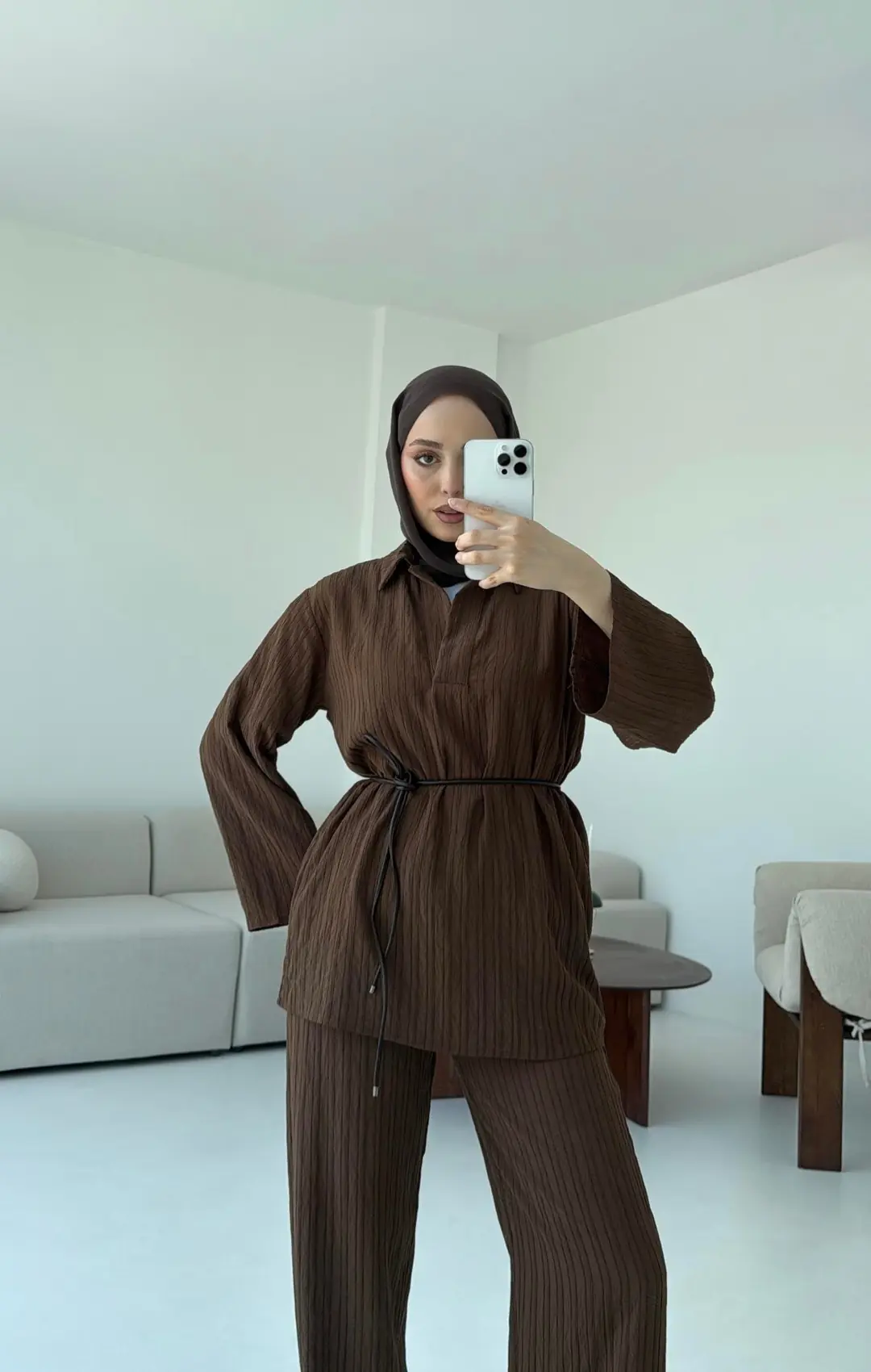 Geniş Yakalı Patlı Bluz Takım Kahve - Görsel 7