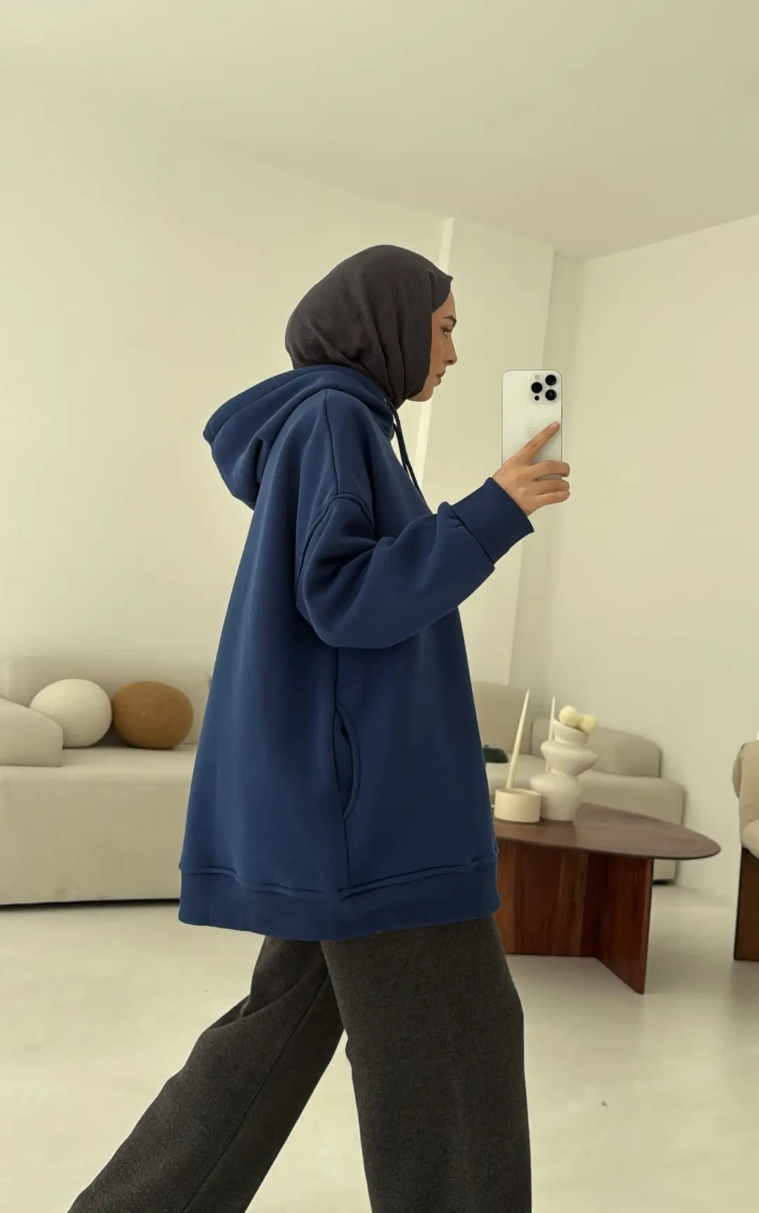 Gizli Cep Şardonlu Sweatshirt Mavi - Görsel 5